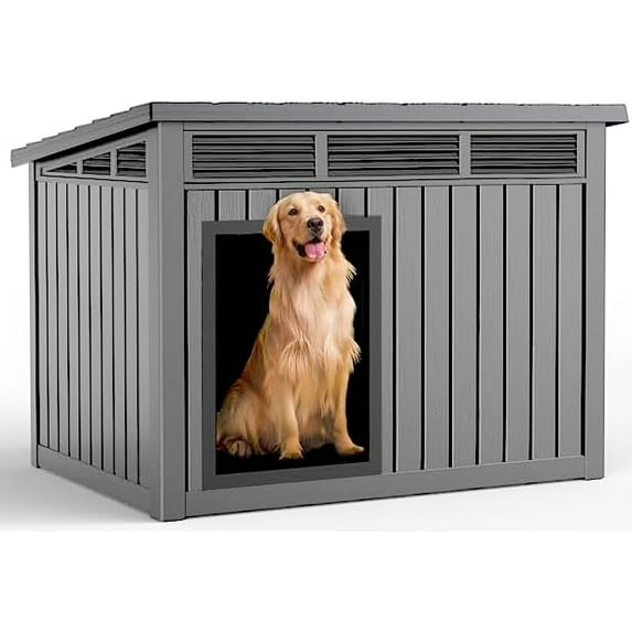 SAEWUD Weatherproof Dog House for Medium to Large Dogs, Indoor & Outdoor Use, Spacious Interior with Removable Floor, Durable Roof Shelter for All Seasons (Gray, Large (42.87 * 32.95 * 31.61''))