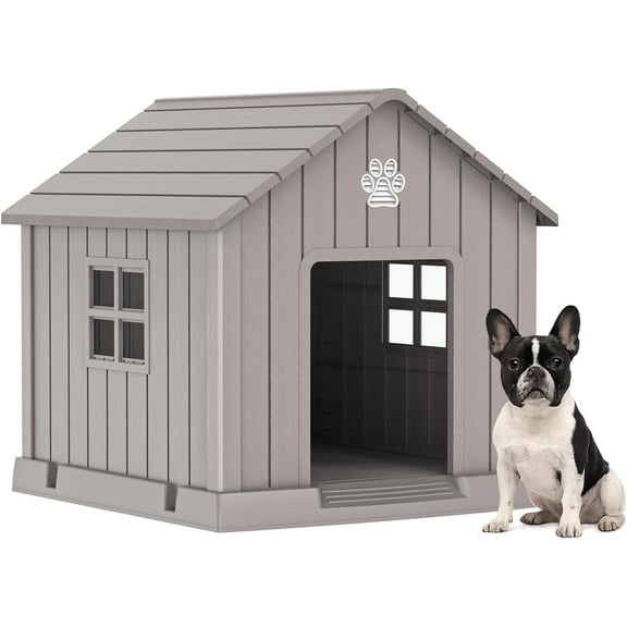 SAEWUD Weatherproof Dog House for Small & Medium Dogs, Elevated Floor, Ventilated Window, Durable Plastic Indoor Outdoor Pet Shelter, Easy to Assemble(Light Brown, 31Inch(31.18 * 33.7 * 32.52))