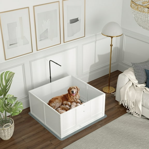 SAEWUD  Whelping Box for Dogs with Retractable Light Stand, Waterproof Mat for Puppies with Pig Rail, Adjustable Height Door for Small, Medium & Large Breed Dogs.41" x 39.25" x 19.75"