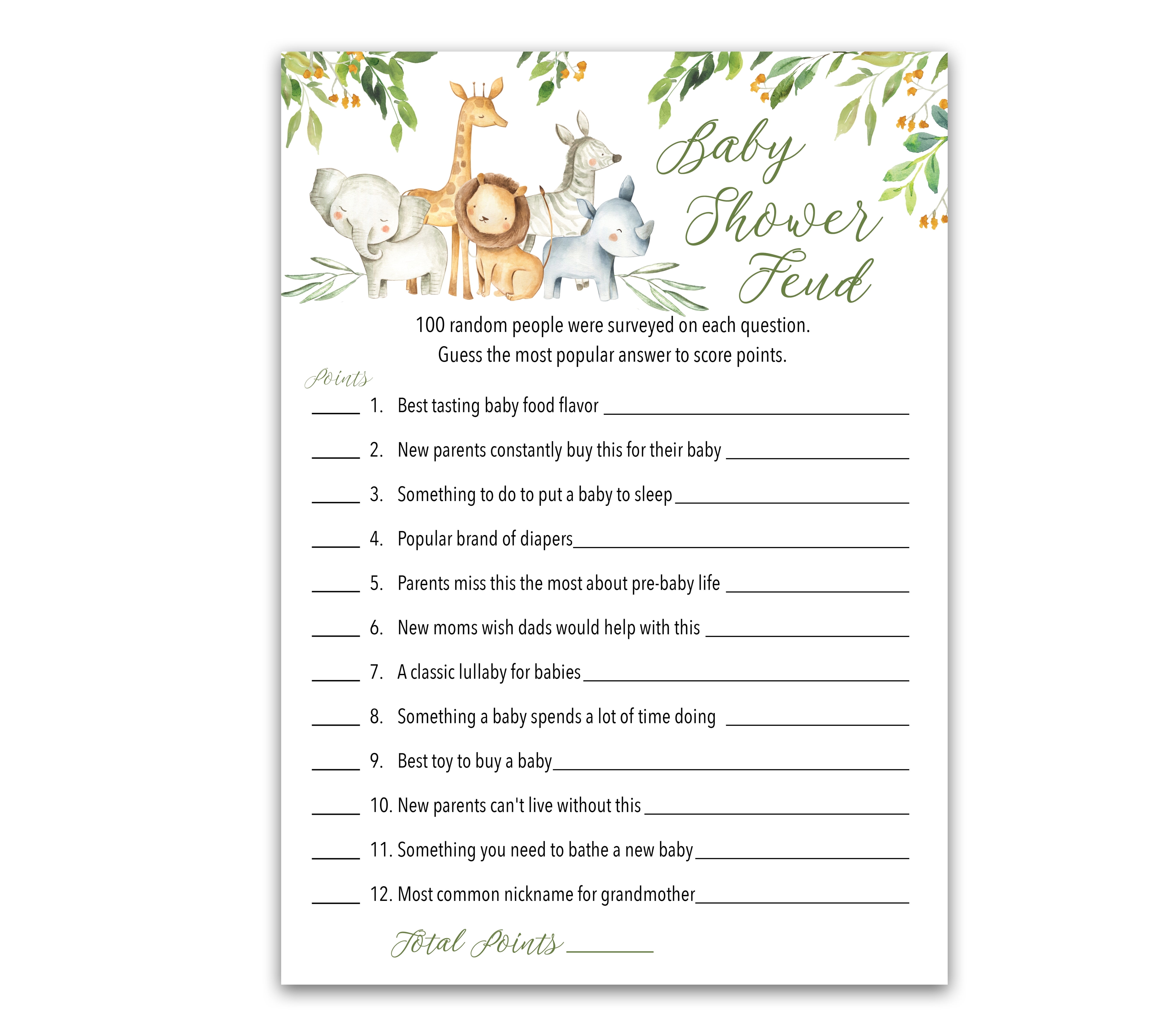 SAFARI ANIMALS Baby Shower FEUD Game Pack of 25 Fun Shower Family Feud Games, Country Rustic JUNGLE THEME Baby Shower Activity, Welcome to the Wild Shower GENDER NEUTRAL Fued Games G550-BSF