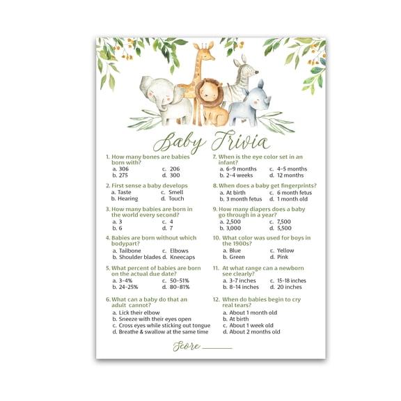 SAFARI ANIMALS Baby Shower Game BABY TRIVIA Game Pack of 25, Country Rustic JUNGLE THEME Baby Shower Games, Welcome to the Wild Shower GENDER NEUTRAL, Fun Baby Facts Game Shower Activity G550-TRV
