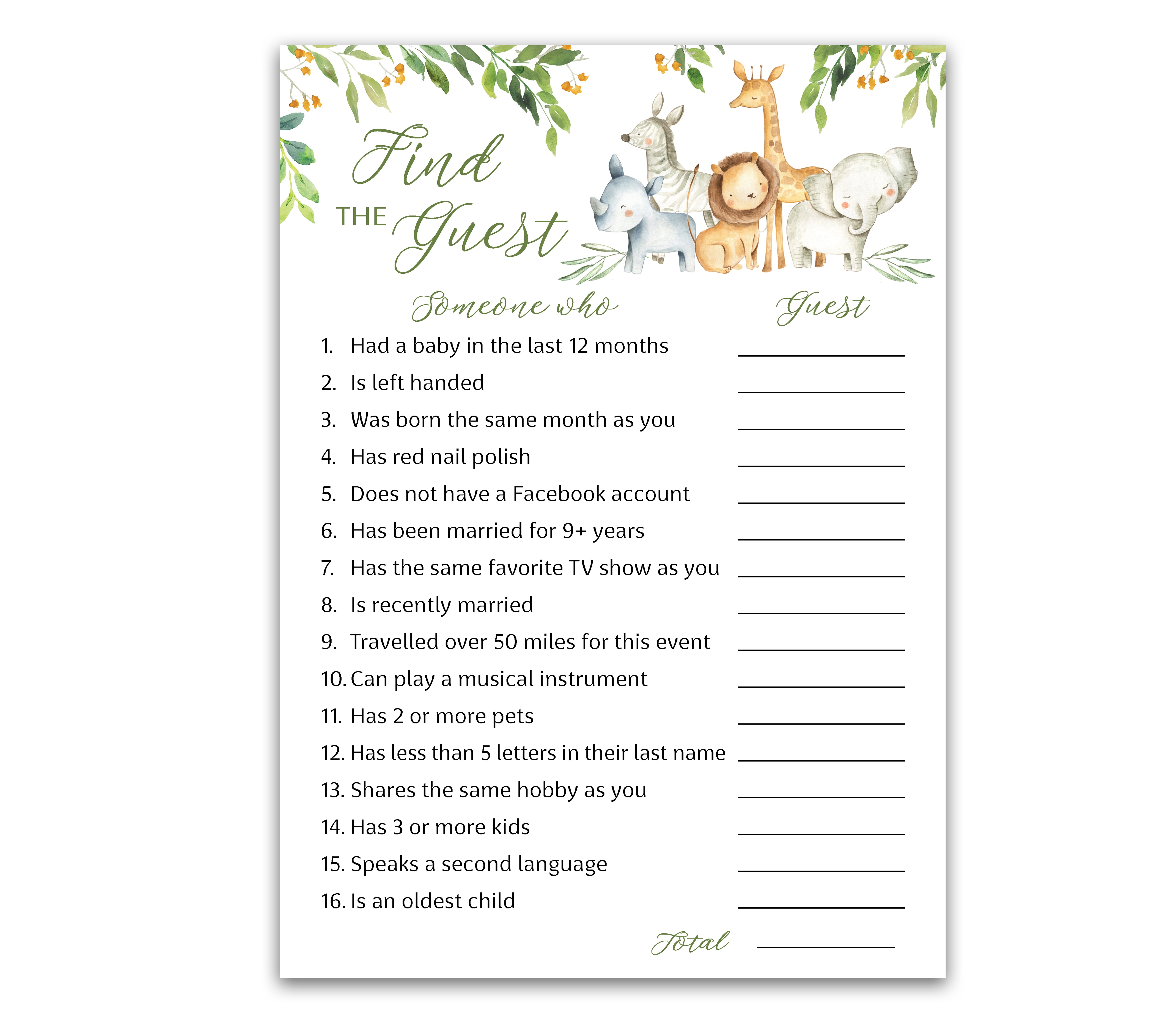 SAFARI ANIMALS Baby Shower Game FIND THE GUEST Baby Shower Game Pack of 25, Country Rustic JUNGLE THEME Baby Shower Games, GENDER NEUTRAL, Guess Who Came to the party Game G550-FTG