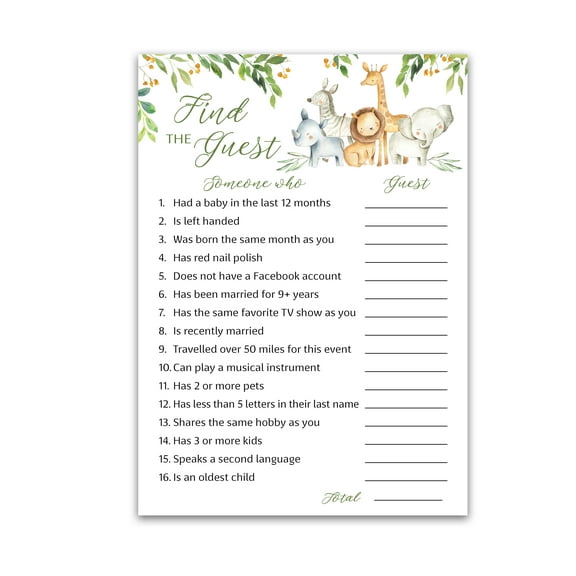 SAFARI ANIMALS Baby Shower Game  FIND THE GUEST Baby Shower Game  Pack of 25, Country Rustic JUNGLE THEME Baby Shower Games, GENDER NEUTRAL, Guess Who Came to the party Game G550-FTG