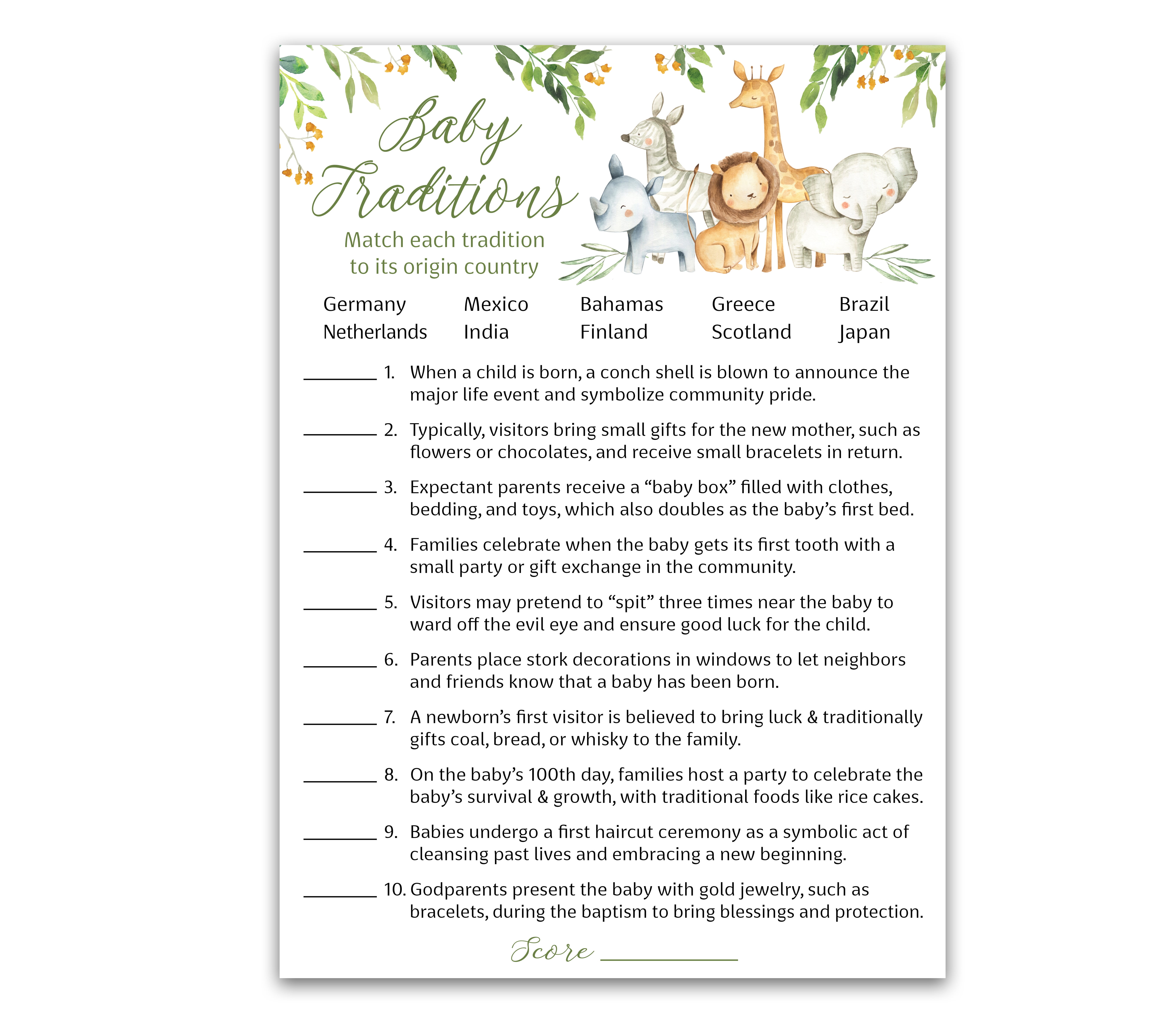 SAFARI ANIMALS Baby Shower Games BABY TRADITIONS around the World Game Pack of 25, Country JUNGLE THEME Shower Games, Welcome to the Wild GENDER NEUTRAL, Fun Facts Baby Shower Activity G550-BTW