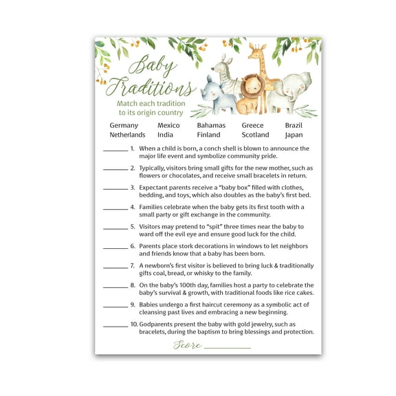 SAFARI ANIMALS Baby Shower Games  BABY TRADITIONS around the World Game  Pack of 25, Country JUNGLE THEME Shower Games, Welcome to the Wild GENDER NEUTRAL, Fun Facts Baby Shower Activity G550-BTW