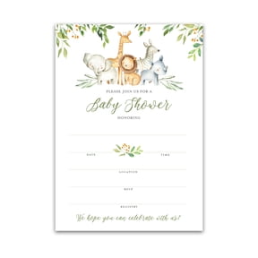 SAFARI ANIMALS Baby Shower INVITATIONS Pack of 25-Blank Fill-in INVITES, Green Rustic Forest Jungle Animal Theme, Couples Shower Co-ed Shower Invitation Coed Gender Neutral Elephant Lion I550-INV1