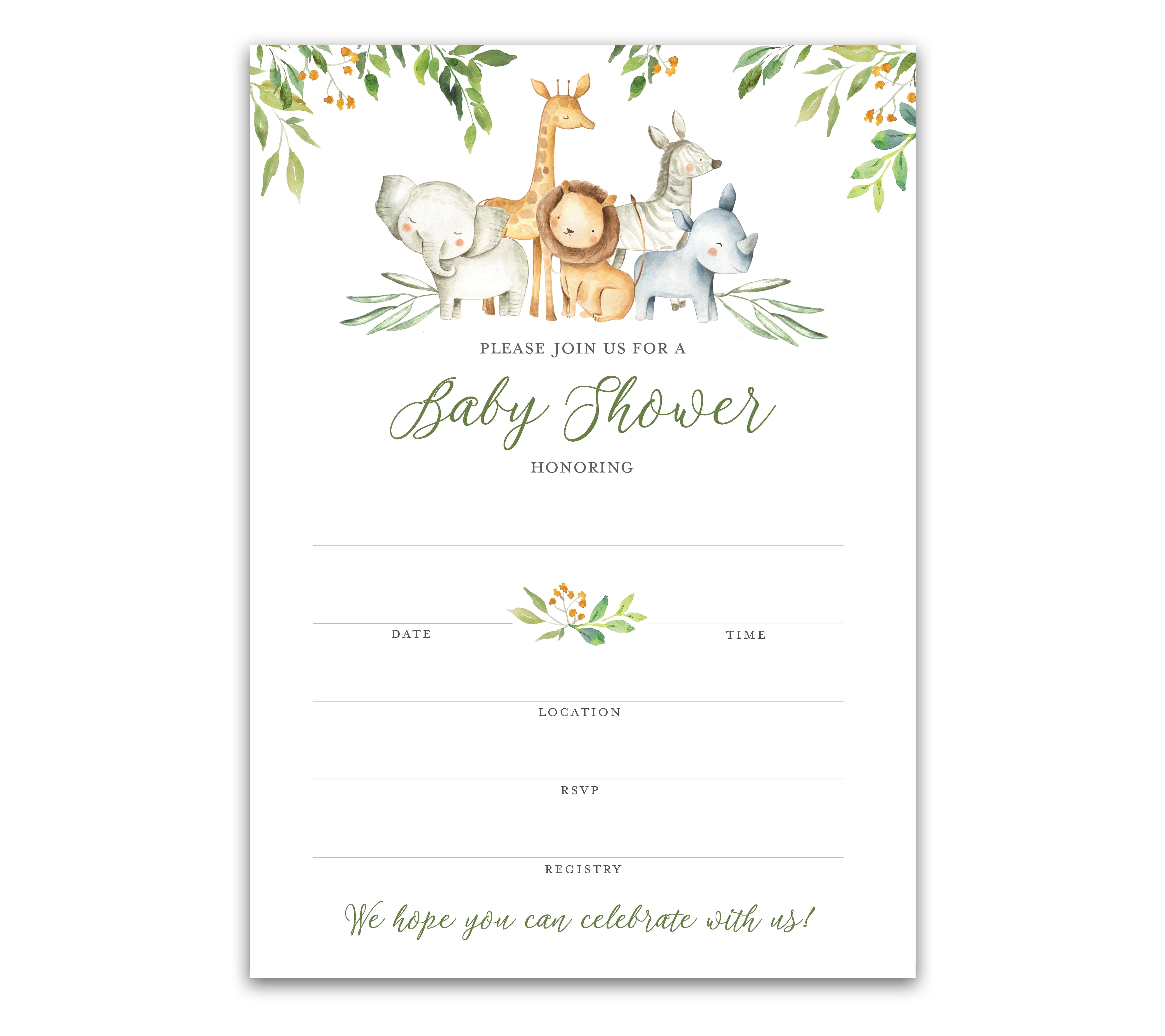 SAFARI ANIMALS Baby Shower INVITATIONS Pack of 25-Blank Fill-in INVITES, Green Rustic Forest Jungle Animal Theme, Couples Shower Co-ed Shower Invitation Coed Gender Neutral Elephant Lion I550-INV1
