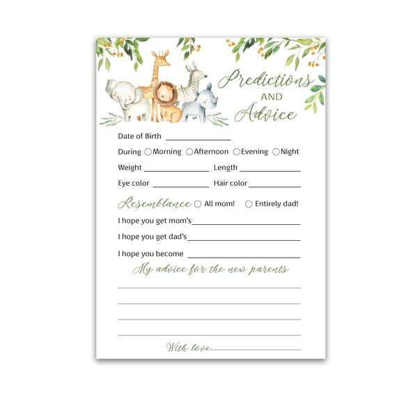 SAFARI ANIMALS Prediction and Advice Cards - Pack of 25 - Country JUNGLE THEME Baby Shower Games, Wishes for New Parents Mom & Dad to be Mommy & Daddy Message Shower Activity Keepsake G550-PDAV