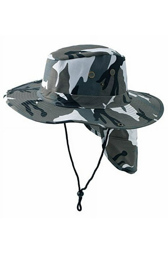 SAFARI Boonie Grey Camouflage Neck Flap Chin Strap Camo Fishing Bucket Hat Outdoors (Gray Camouflage, Large)