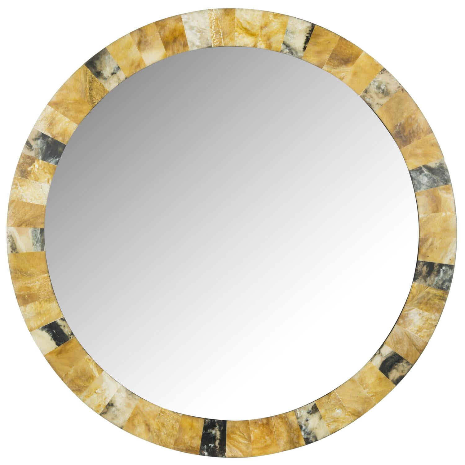 Round Gold and Marbleized Wood Framed Wall Mirror
