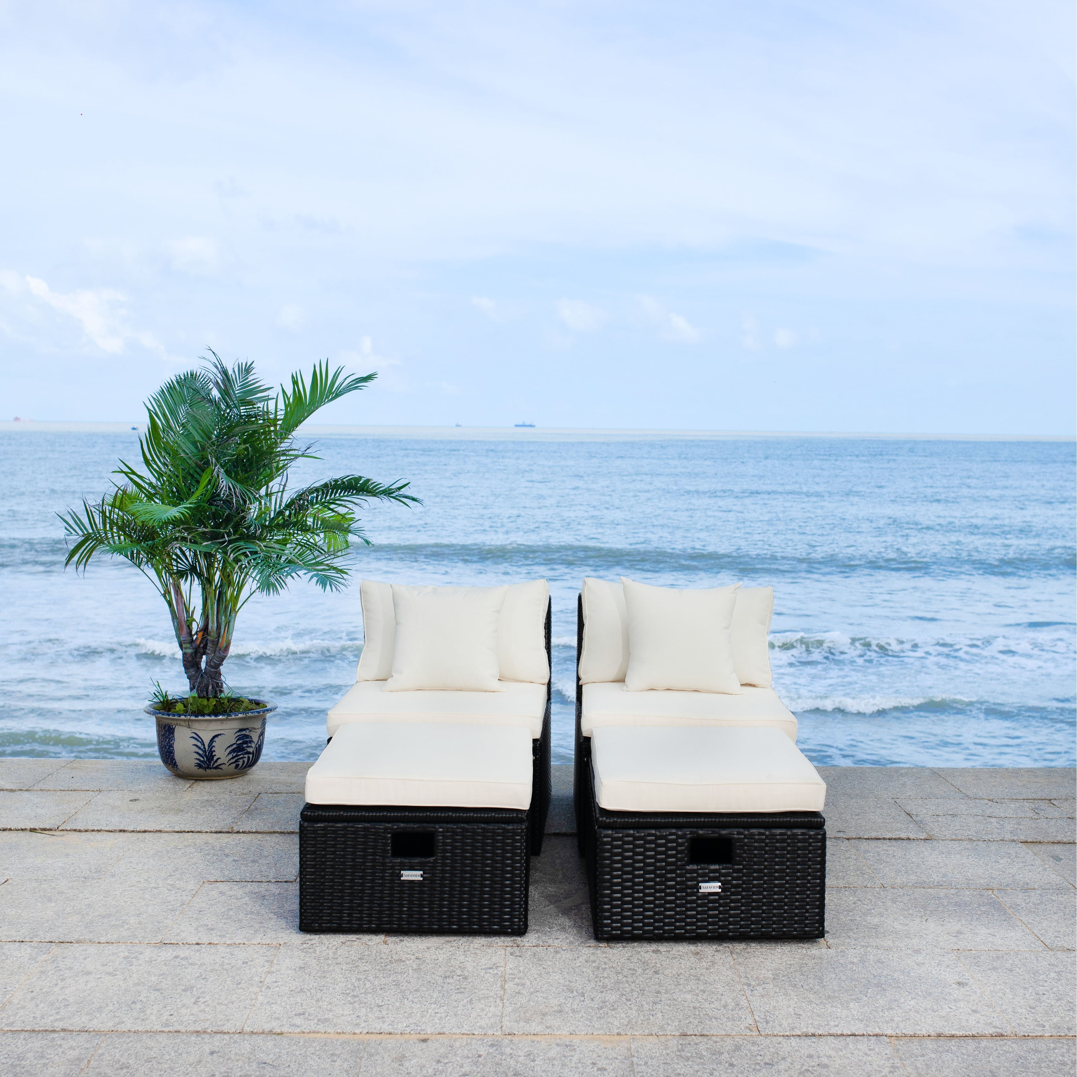 Pramla Black and Beige Wicker 2-Piece Outdoor Settee with Ottoman