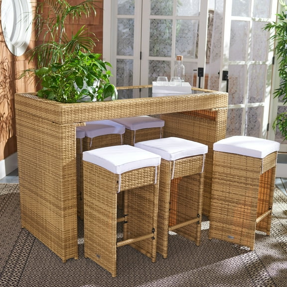 SAFAVIEH 7 Pcs Wicker Bar Set with Cushioned Stools and Table, Natural/White