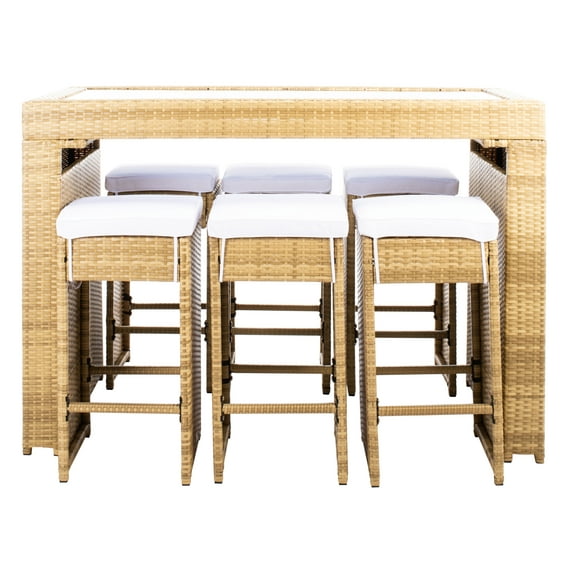 SAFAVIEH 7 Pcs Wicker Bar Set with Cushioned Stools and Table, Natural/White