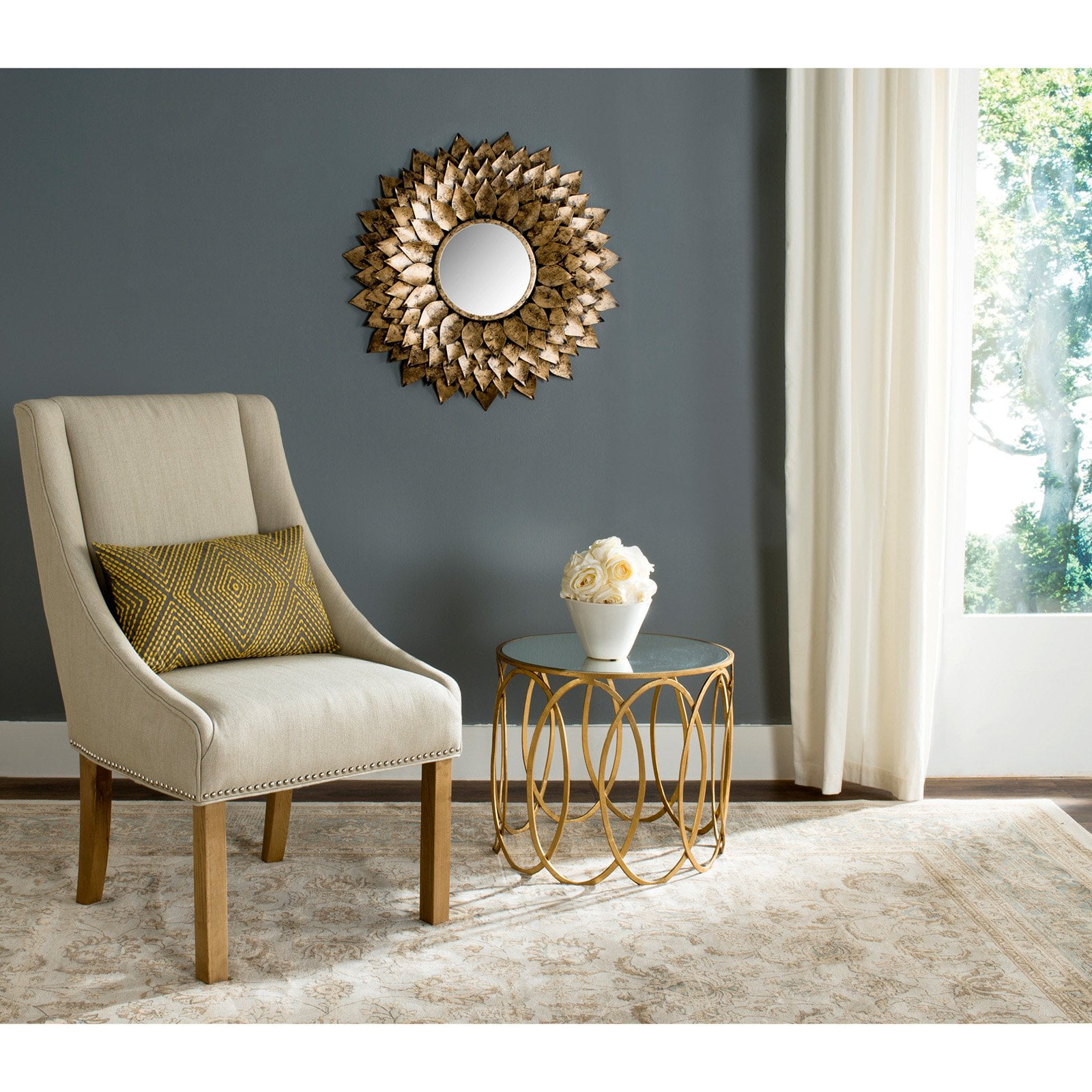 Contemporary Artisan Sunburst Wall Mirror in Antique Gold, 27"