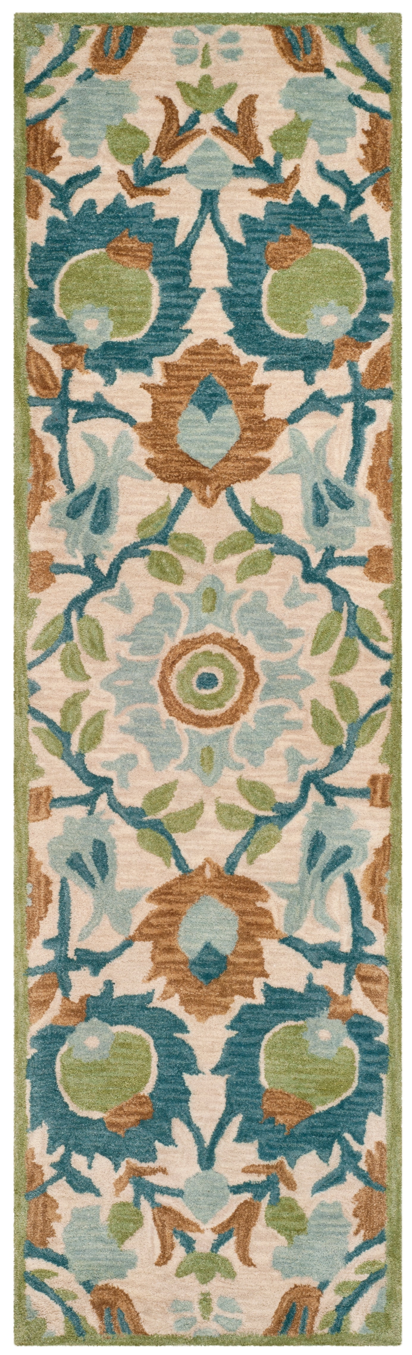 Ivory and Green Handmade Wool Floral Runner Rug