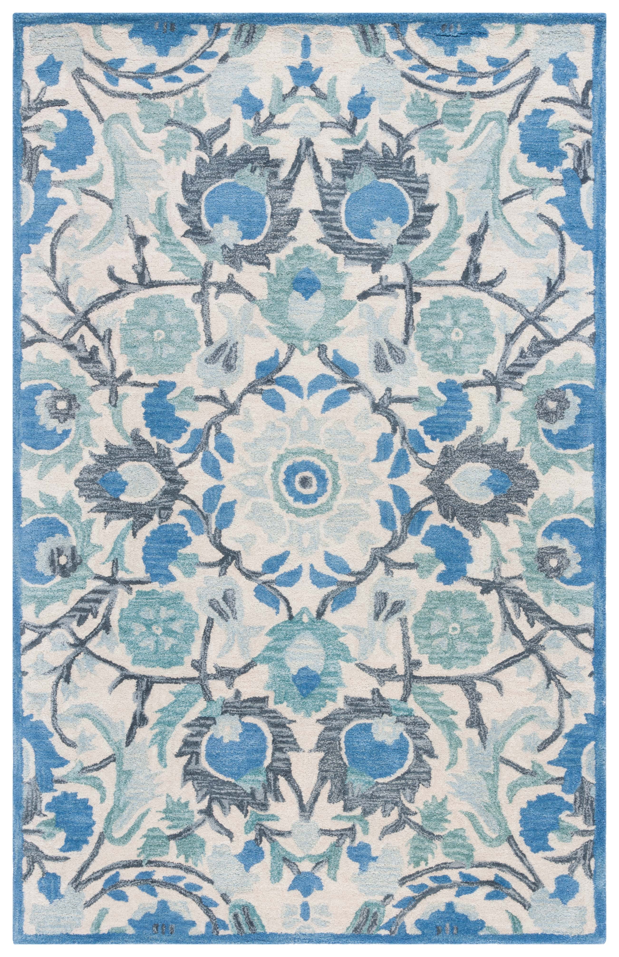 Ivory and Blue Hand-Tufted Wool Area Rug, 5' x 8'