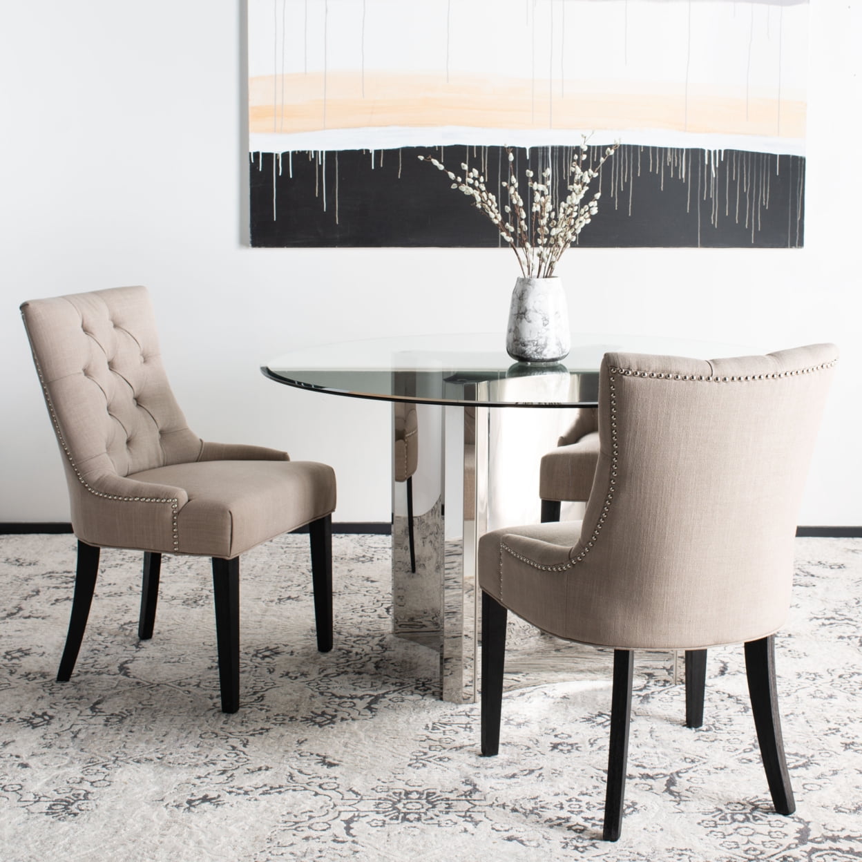 White Linen Upholstered Parsons Side Chair with Wood Legs