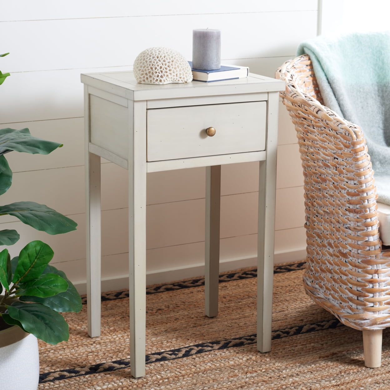 Beige Poplar Wood Nightstand with Storage Drawer