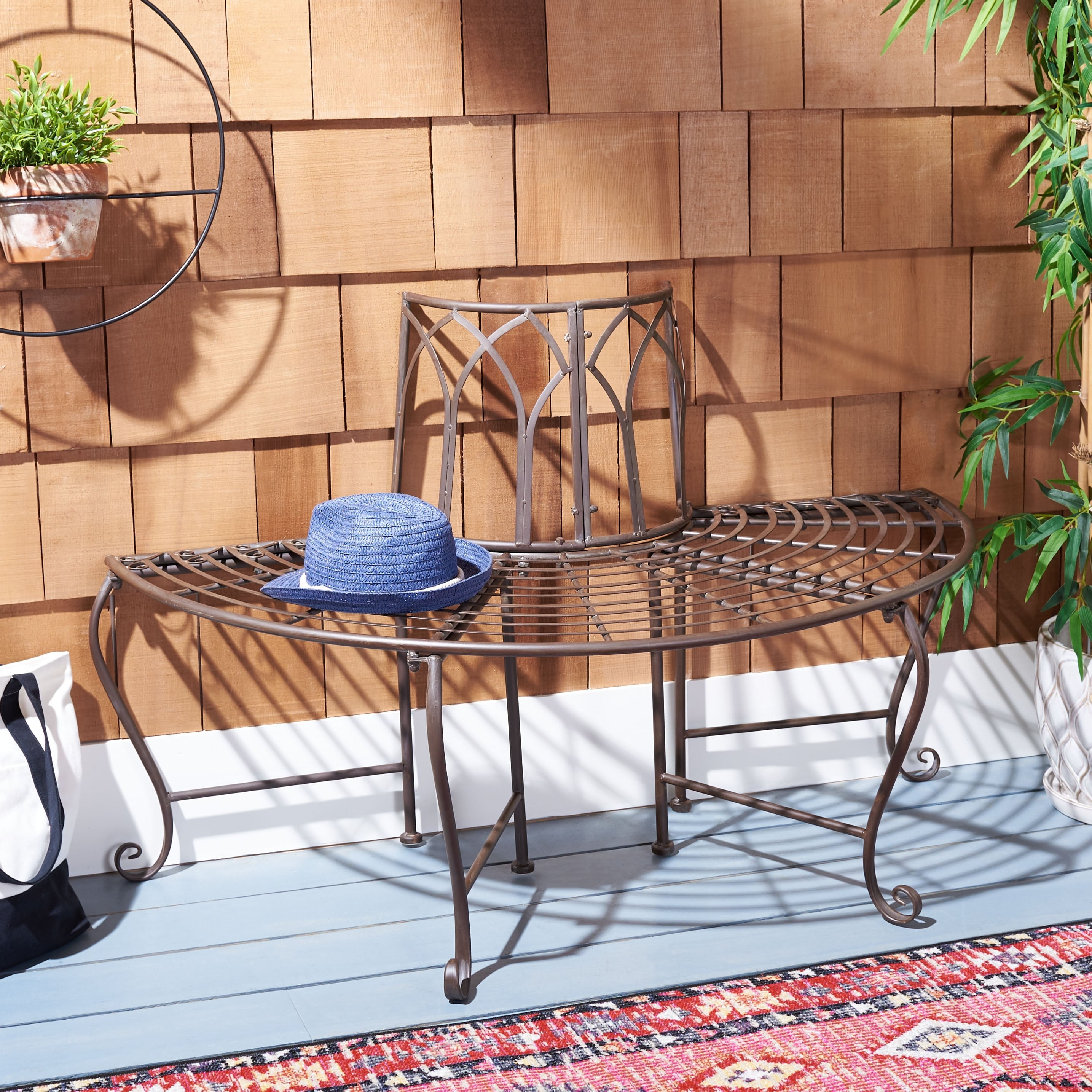 Abia Rustic Brown Wrought Iron Outdoor Tree Bench