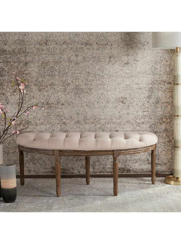 SAFAVIEH Abilene Tufted Rustic Semi Circle Bench, Beige/Rustic Oak