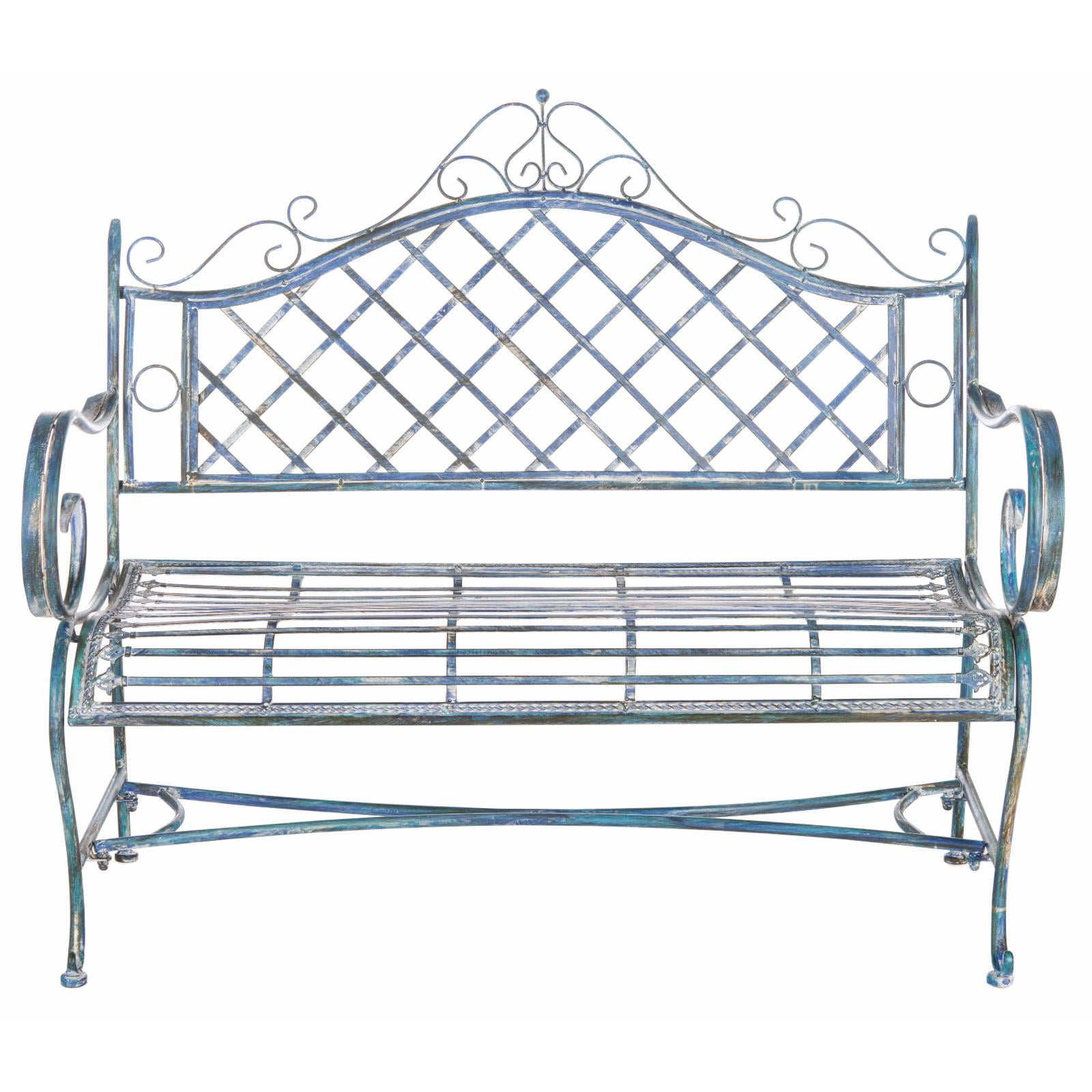 Antique Blue Wrought Iron Outdoor Garden Bench 45.75 Inch