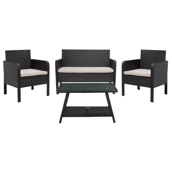 SAFAVIEH Aboka Outdoor Patio 4Pc Conversation Set, Black/Light Grey