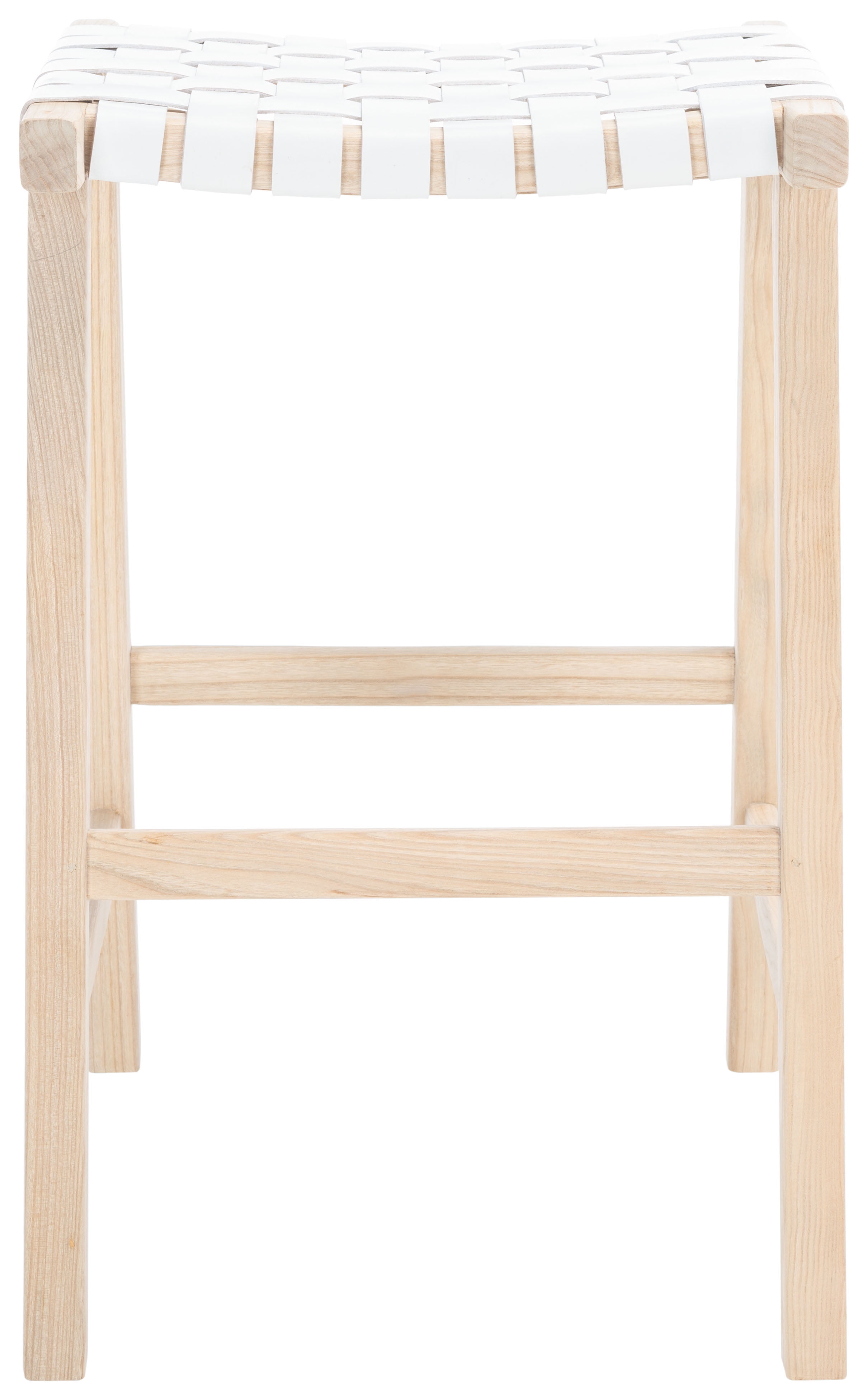 Airy Coastal Charm White Leather and Wood Saddle Barstool