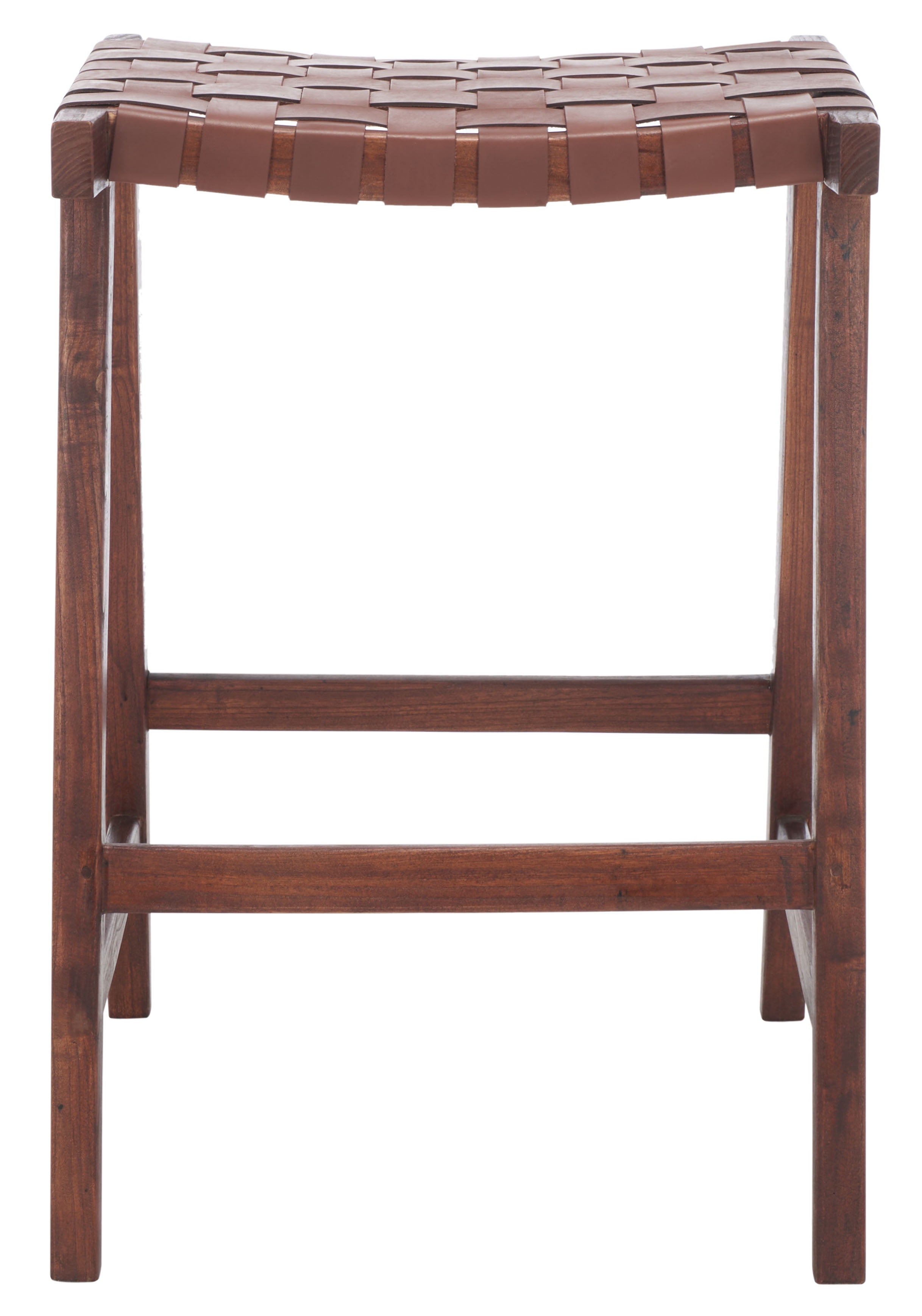Cognac Woven Leather and Walnut Wood Backless Counter Stool