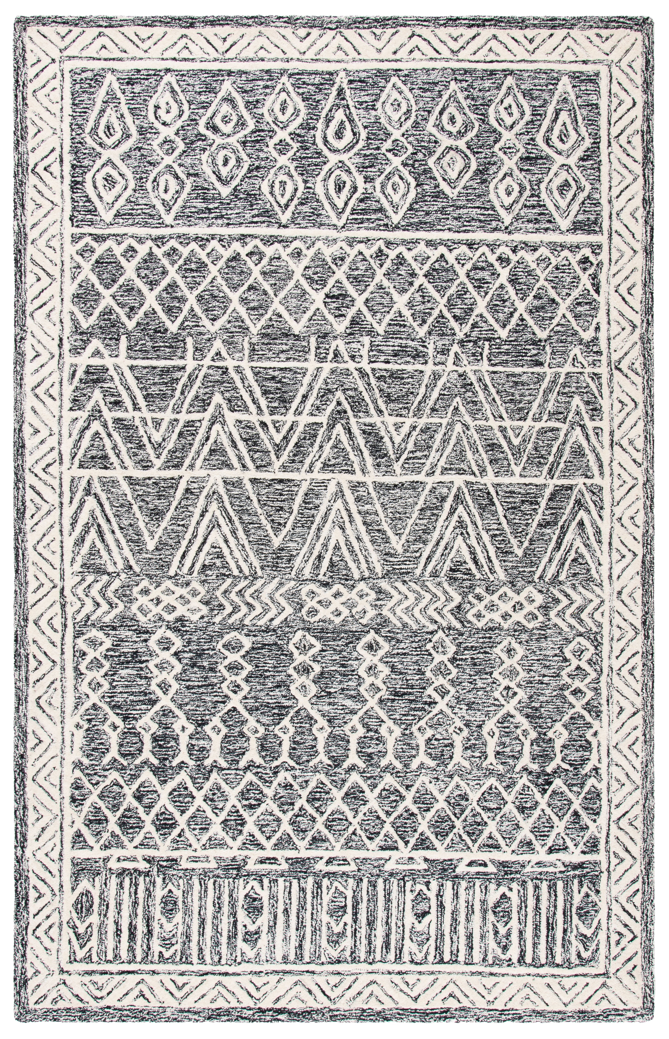 Ivory and Black Hand-Tufted Wool Abstract Area Rug