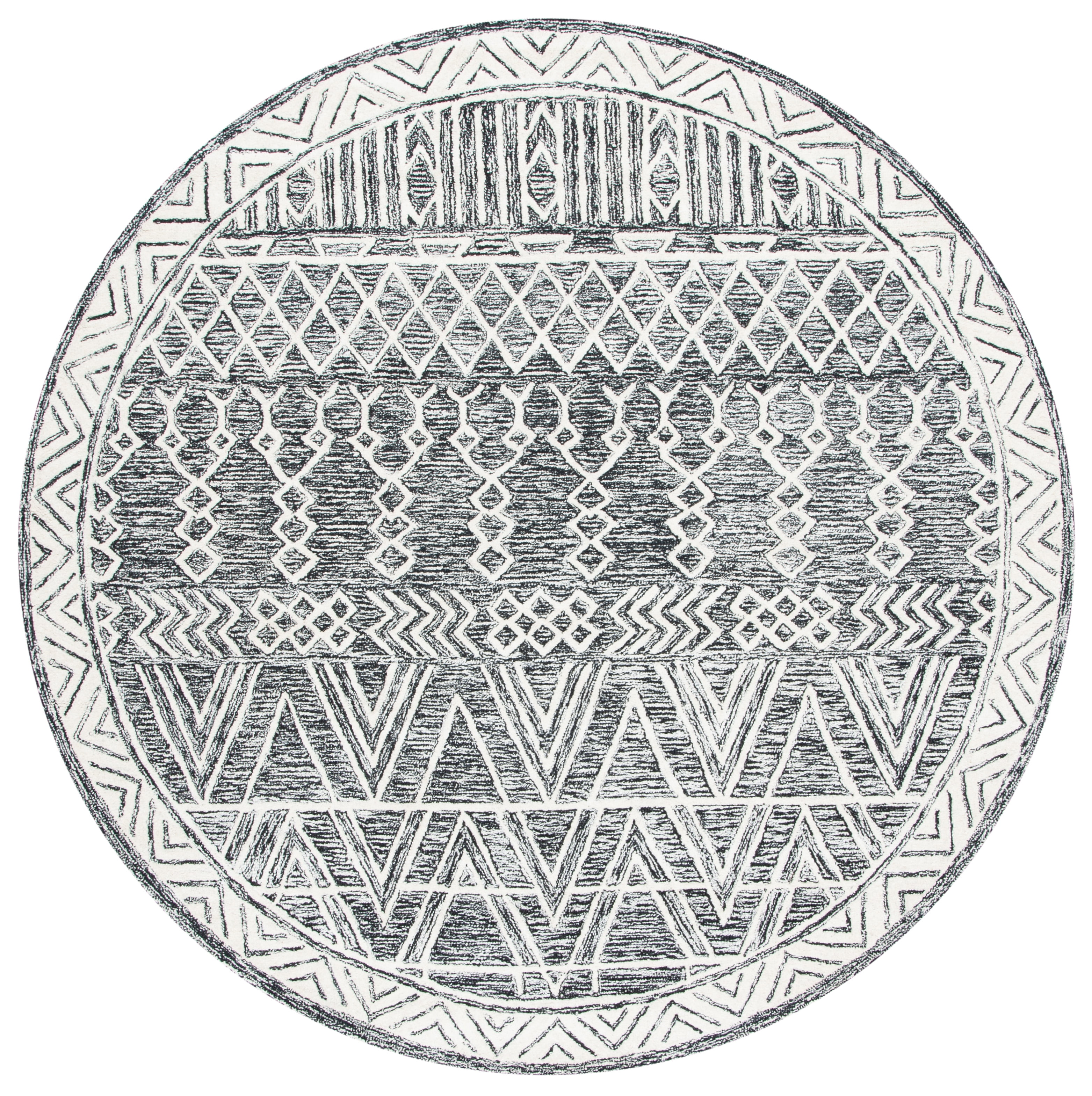 Handmade Abstract Black and Ivory Wool Round Rug 6'