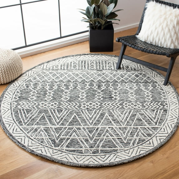 SAFAVIEH Abstract Alastar Geometric Wool Area Rug, Ivory/Black, 6' x 6' Round