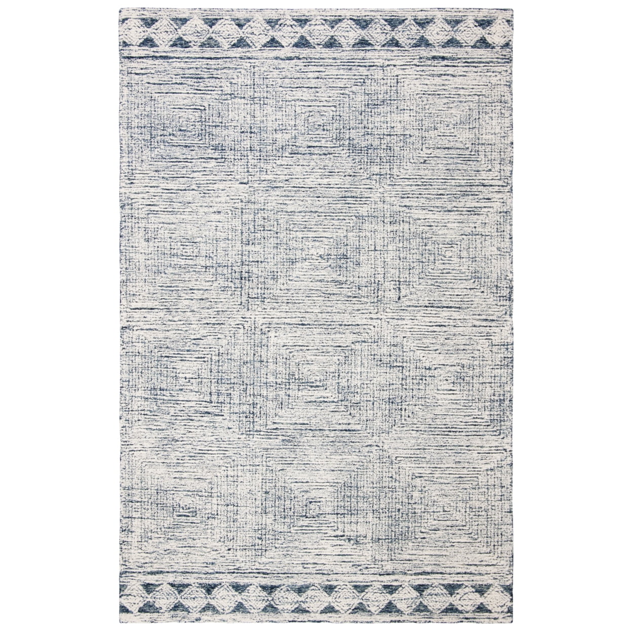 Ivory and Navy Handmade Tufted Wool Abstract Round Rug