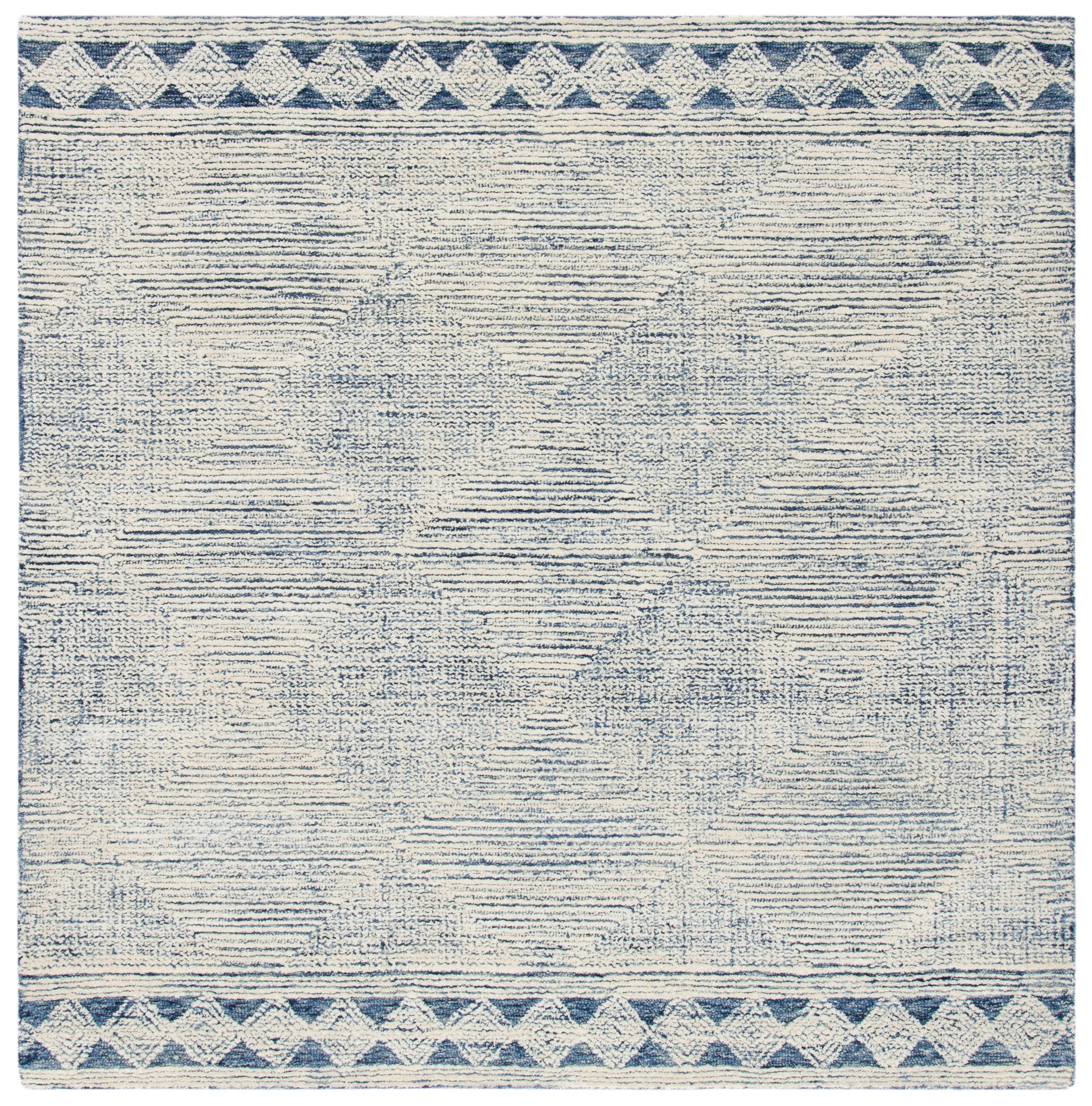 Ivory and Navy Abstract Handmade Wool Square Area Rug, 8 x 8 ft