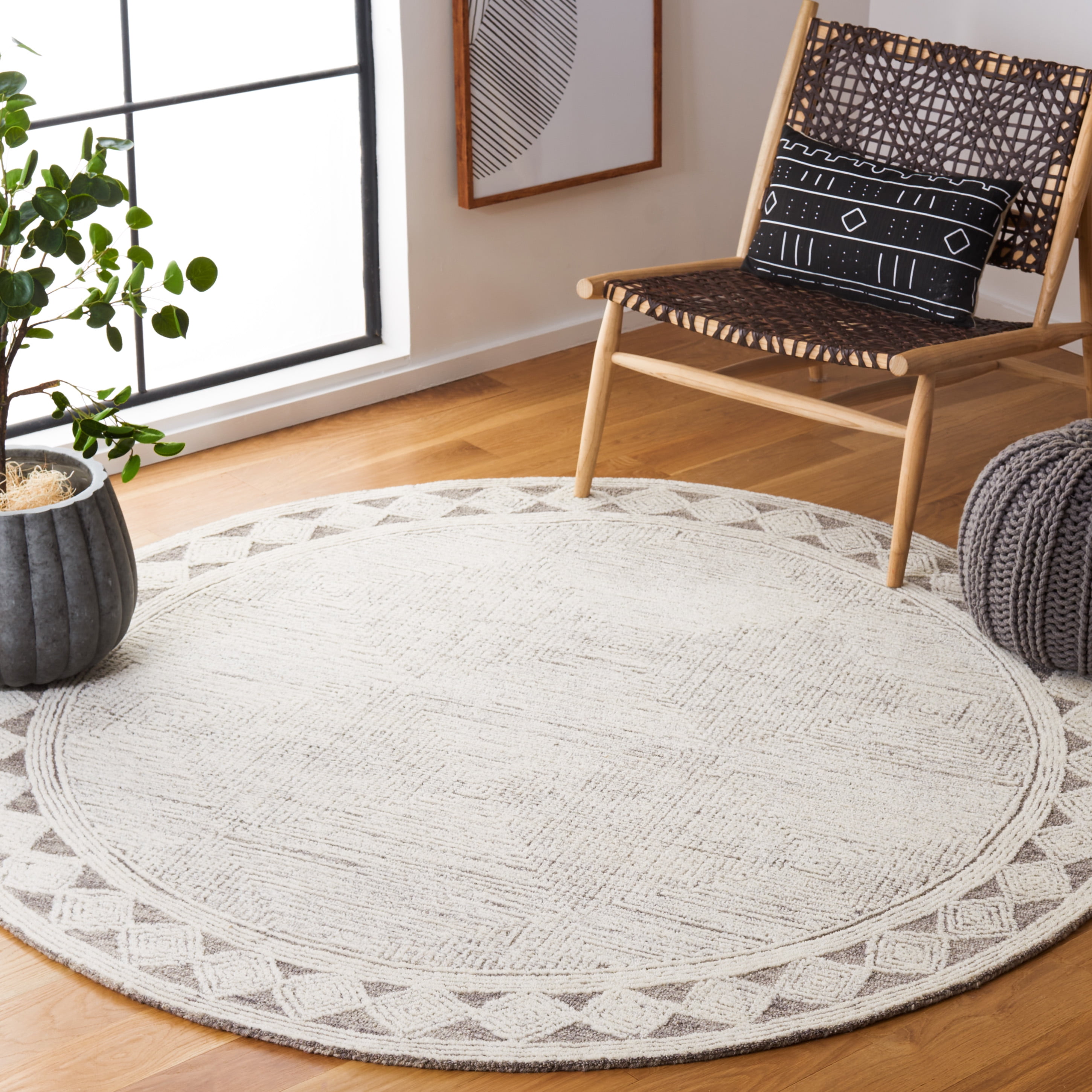 SAFAVIEH Abstract Augustine Geometric Wool Area Rug, Ivory/Gray, 8' x 8' Round
