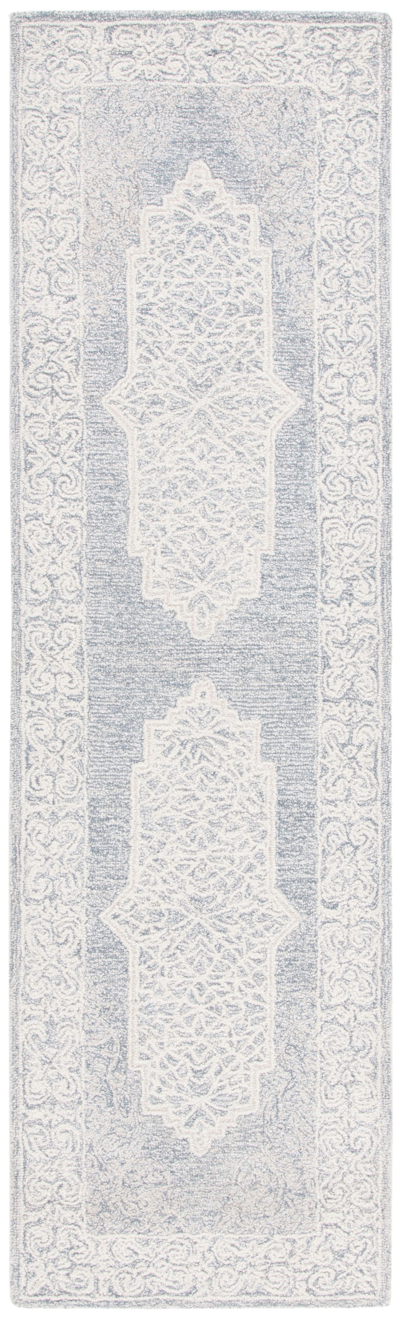 Ivory and Blue Abstract Handmade Wool Runner Rug