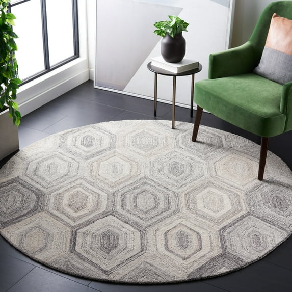 SAFAVIEH Abstract Benton Geometric Wool Area Rug, Natural/Gray, 6' x 6' Round