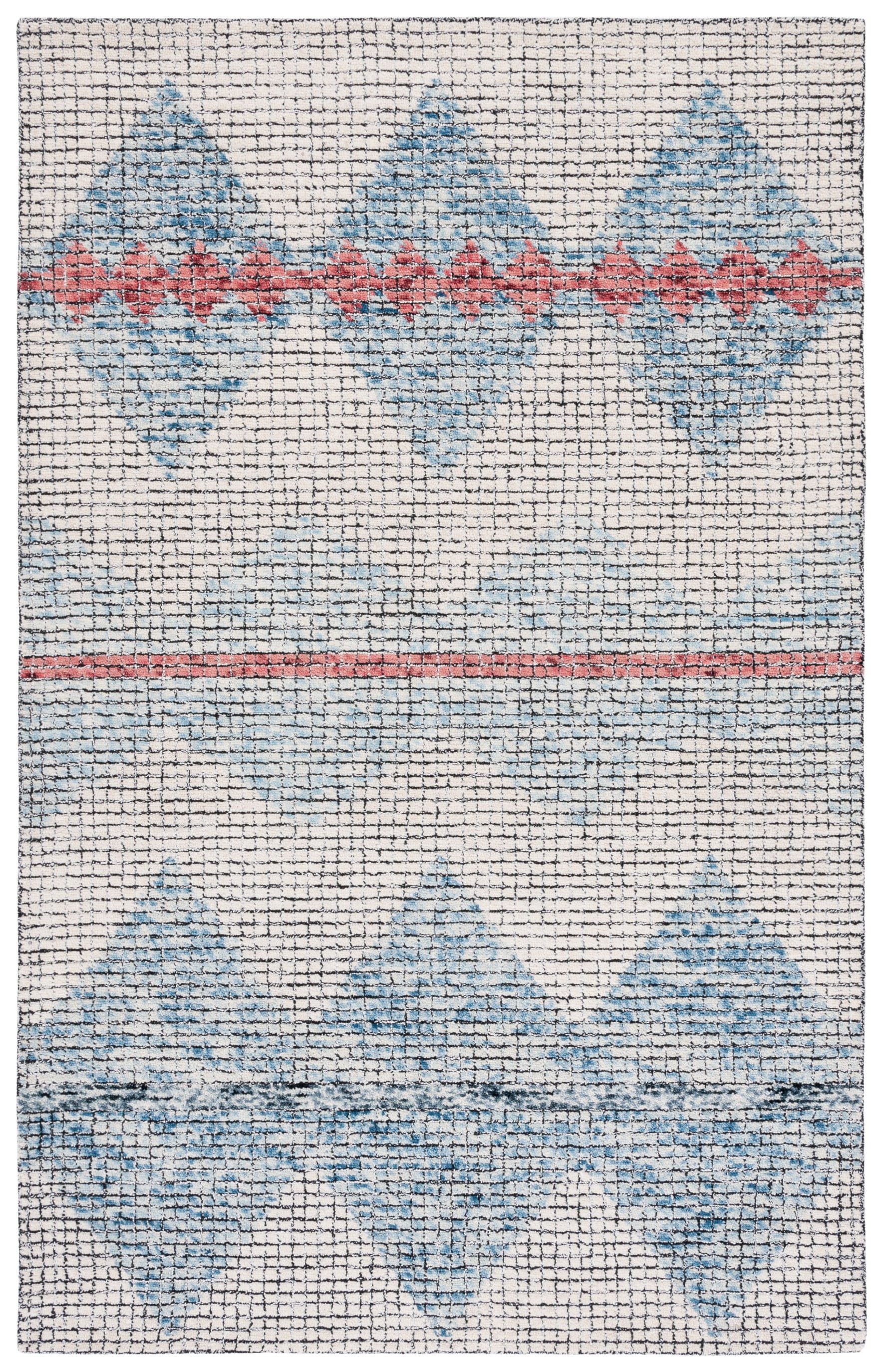 Ivory and Blue Abstract Handmade Wool 5' x 8' Area Rug