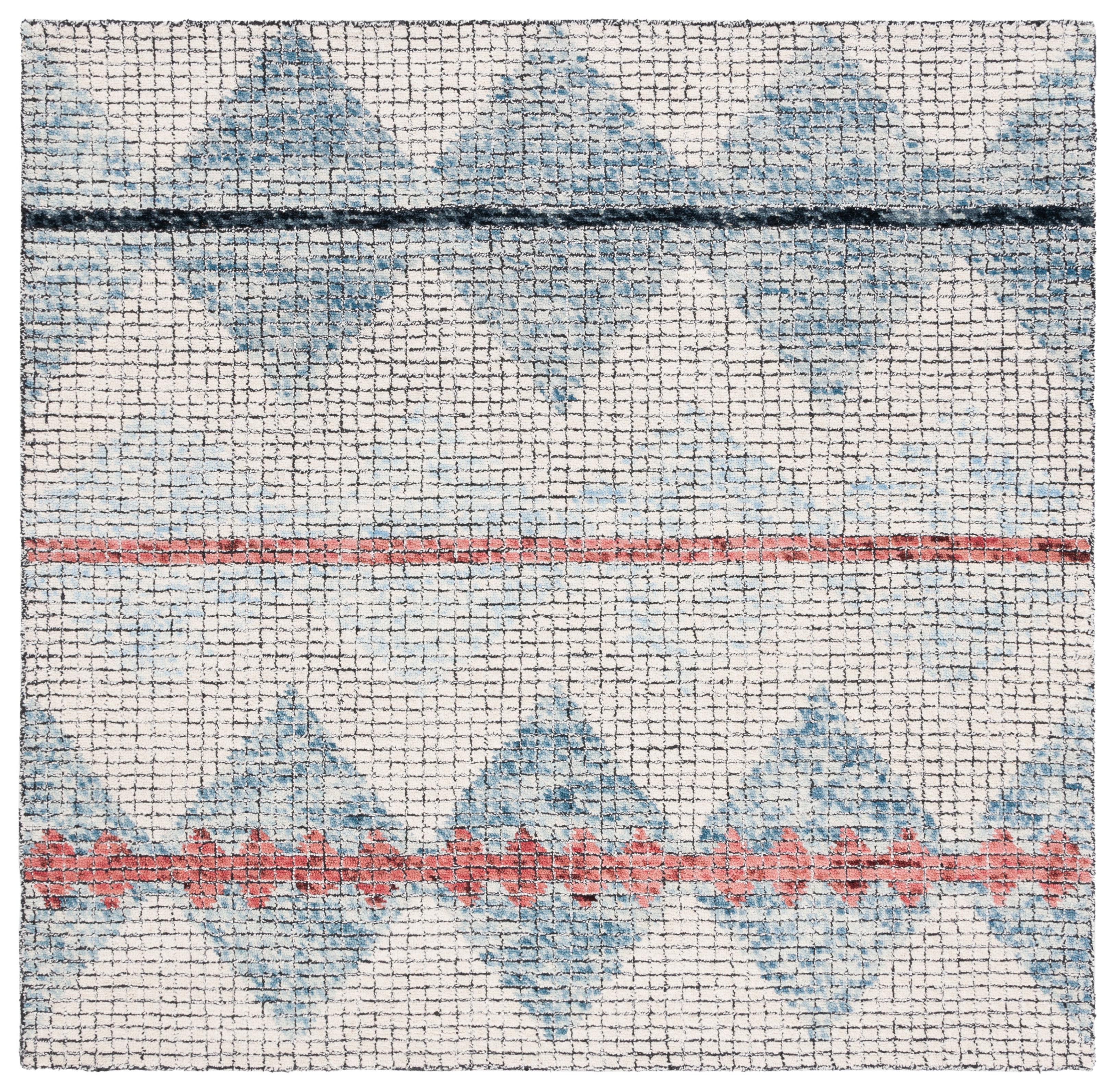 Ivory and Blue Abstract Hand-Tufted Wool Square Area Rug