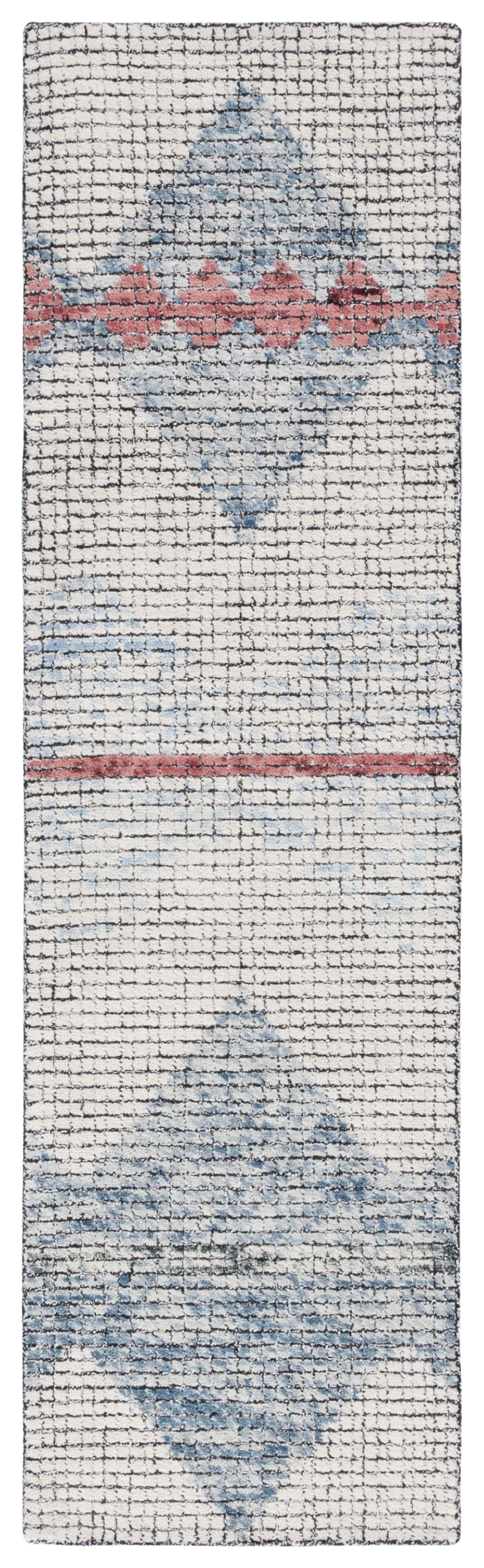 Ivory and Blue Abstract Hand-Tufted Wool Runner Rug