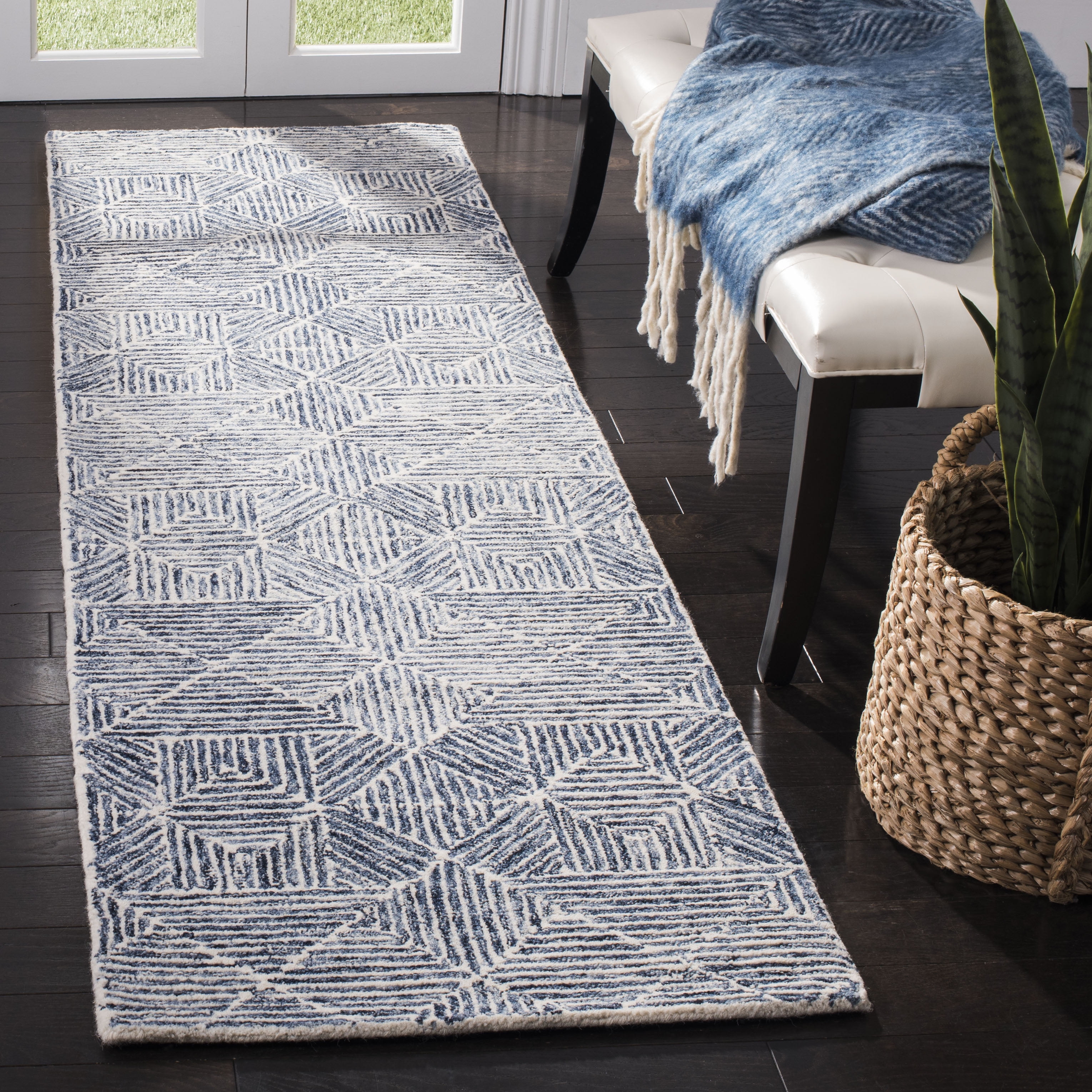SAFAVIEH Abstract Brock Geometric Runner Rug, Blue/Ivory, 2'3" x 14'