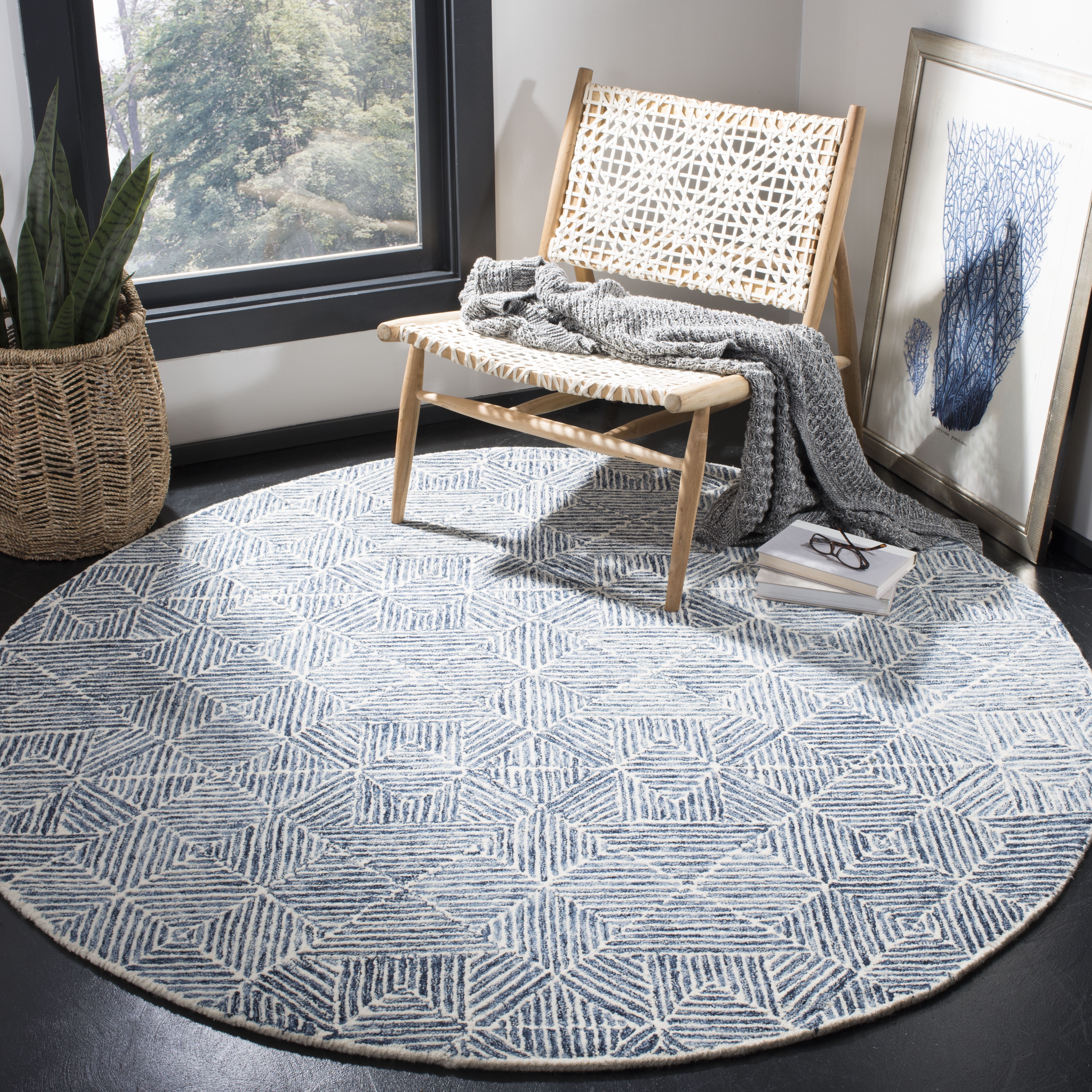 SAFAVIEH Abstract Brock Geometric Area Rug, Blue/Ivory, 4' x 4' Round