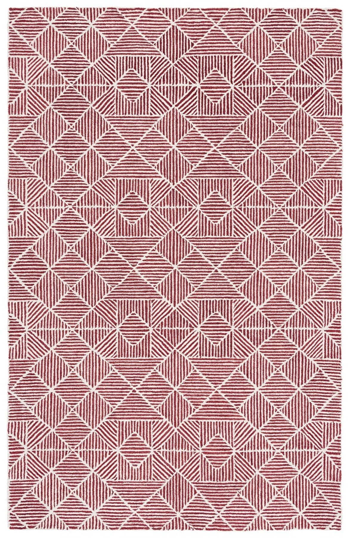 Ivory and Red Abstract Geometric Wool Area Rug, 5' x 8'
