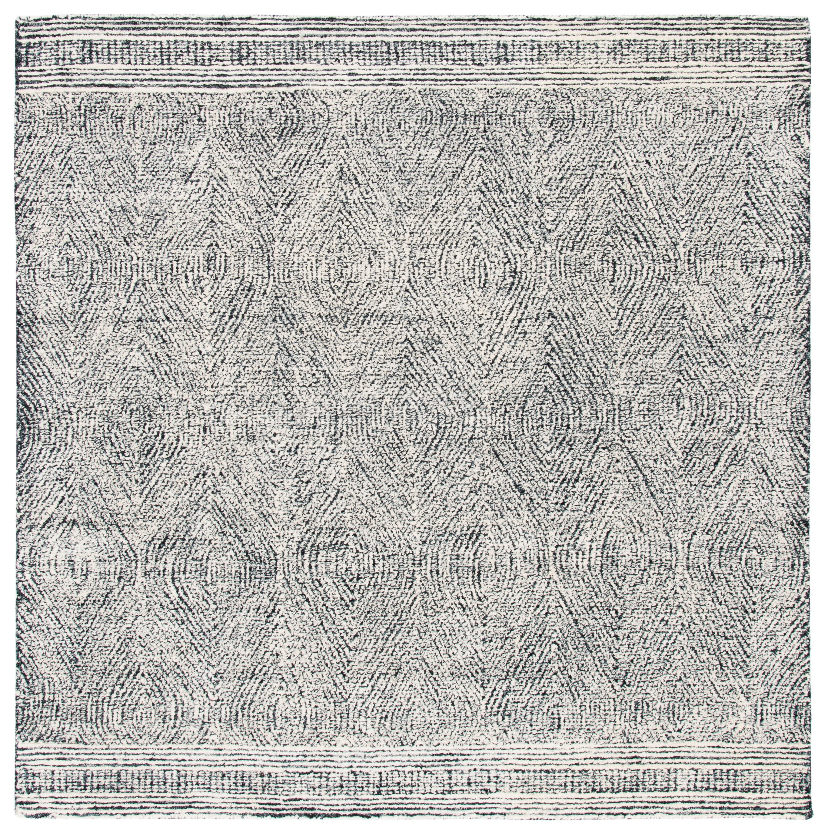 Ivory and Charcoal Abstract Tufted Wool Square Rug