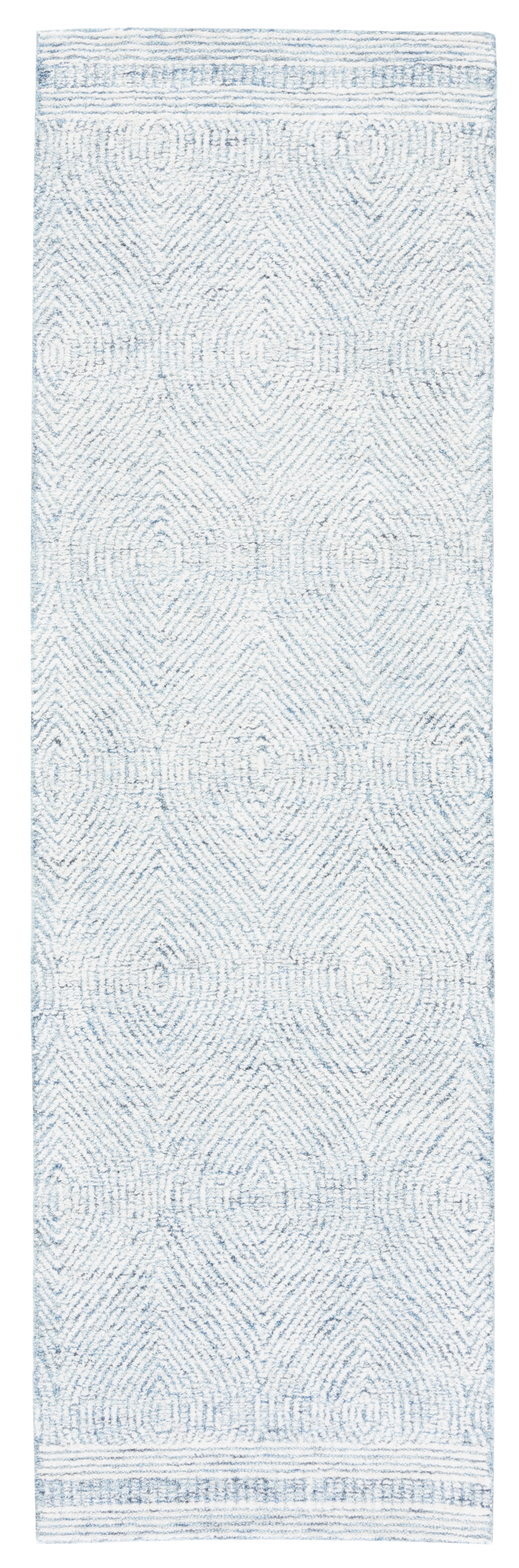 Ivory and Blue Abstract Handmade Wool Runner Rug