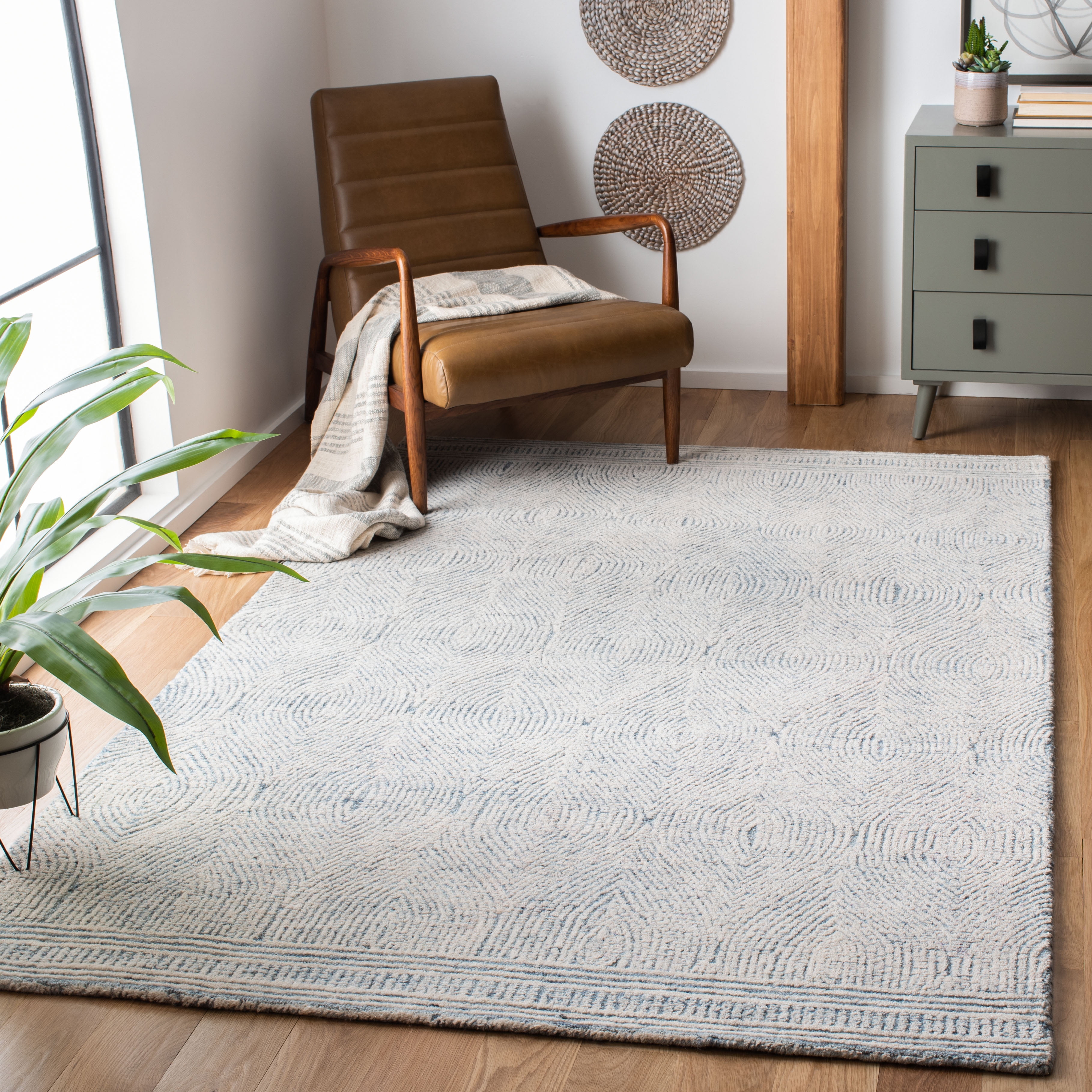 Ivory and Blue Abstract Handmade Tufted Wool Rug 4' x 6'