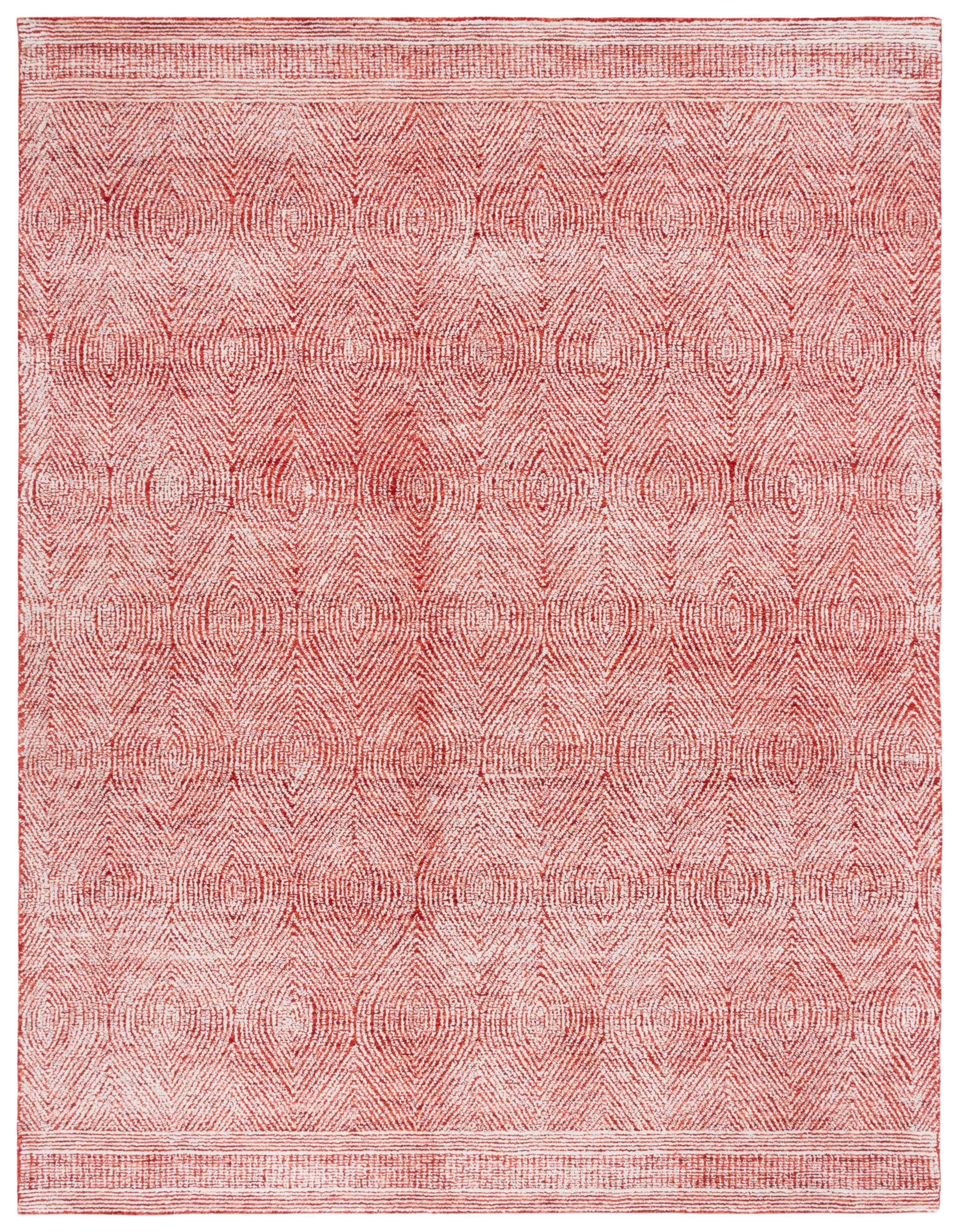 Ivory and Red Abstract Handmade Wool Area Rug, 8' x 10'