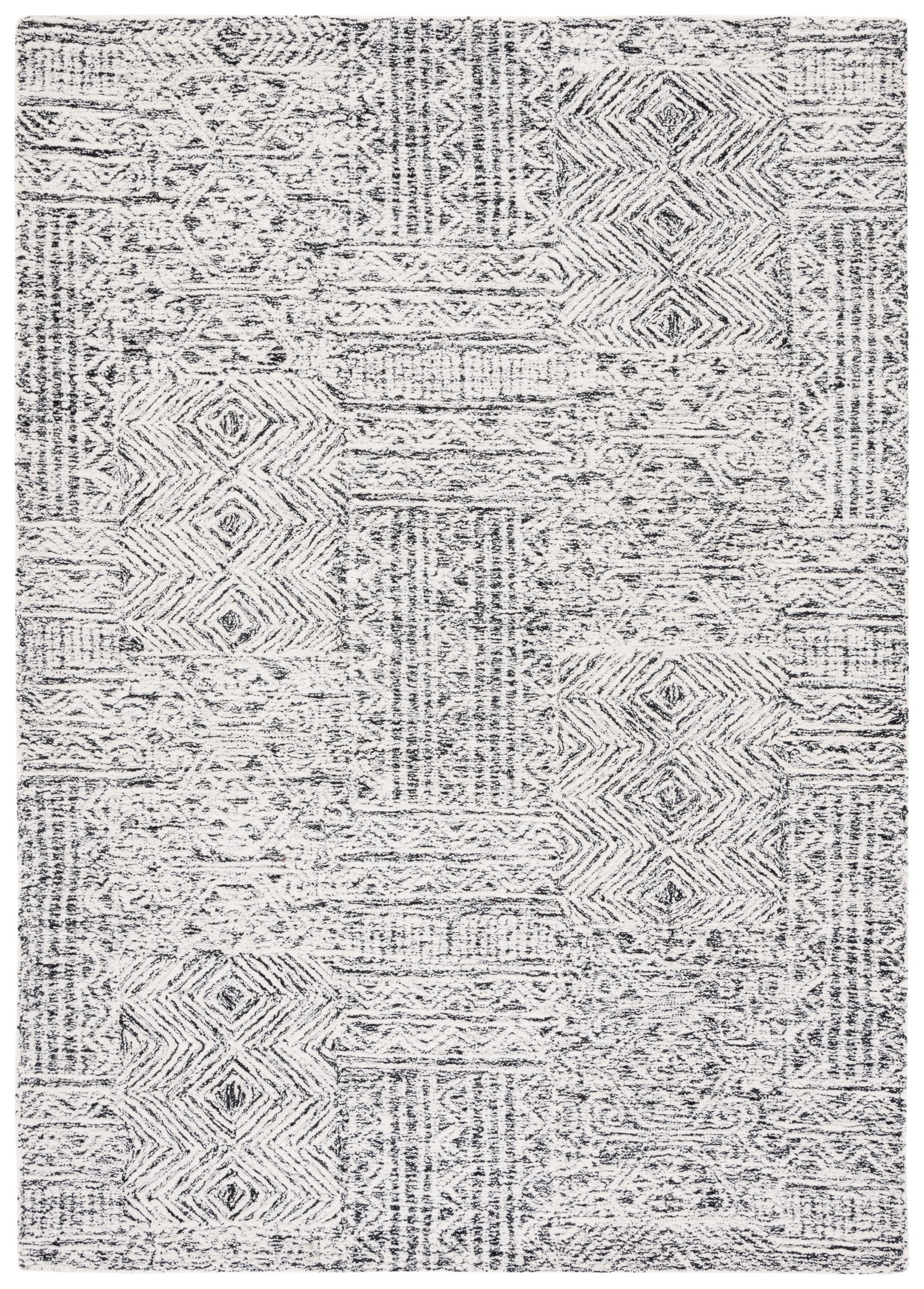 Hand-Tufted Abstract Round Wool Rug in Black/Ivory, 5' Diameter