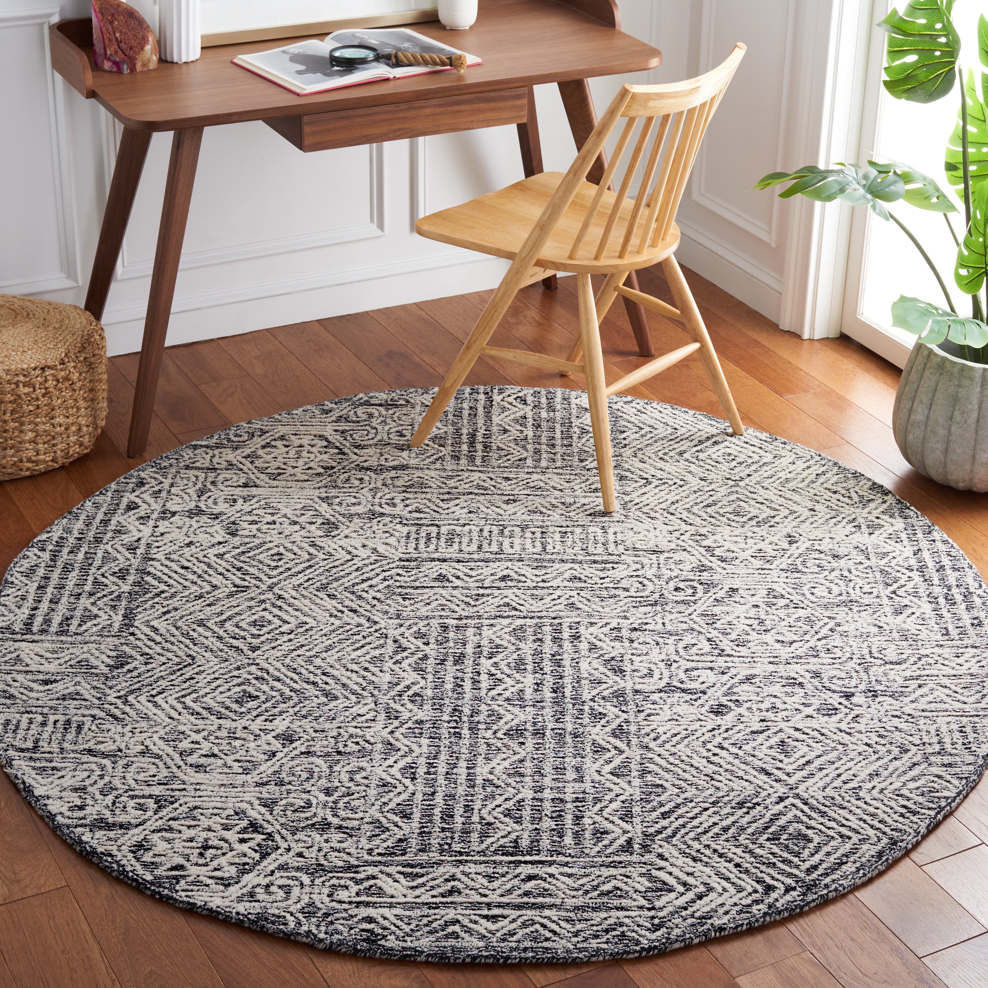 SAFAVIEH Abstract Cainneach Striped Wool Area Rug, Black/Ivory, 6' x 6' Round