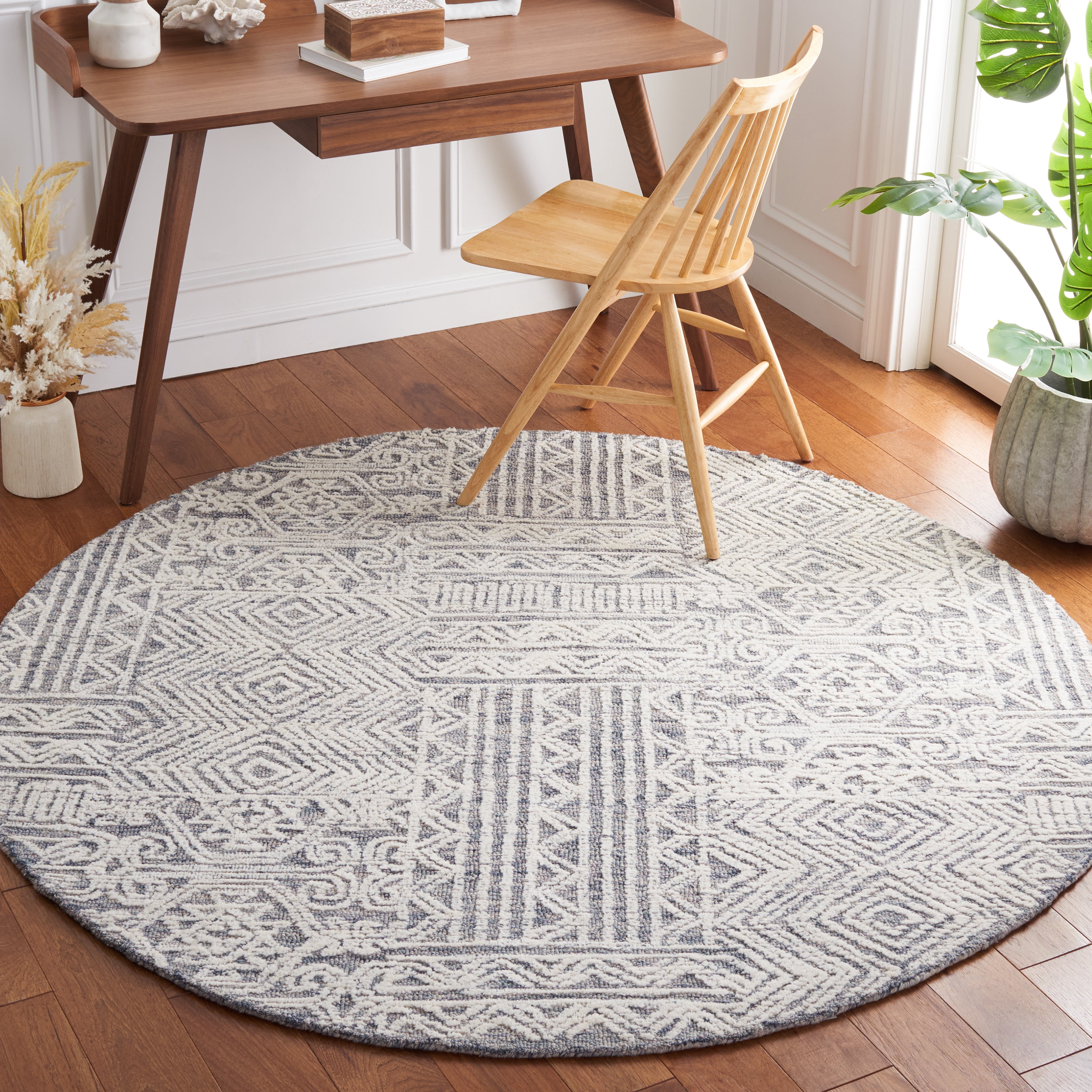 SAFAVIEH Abstract Cainneach Striped Wool Area Rug, Gray/Ivory, 6' x 6' Round