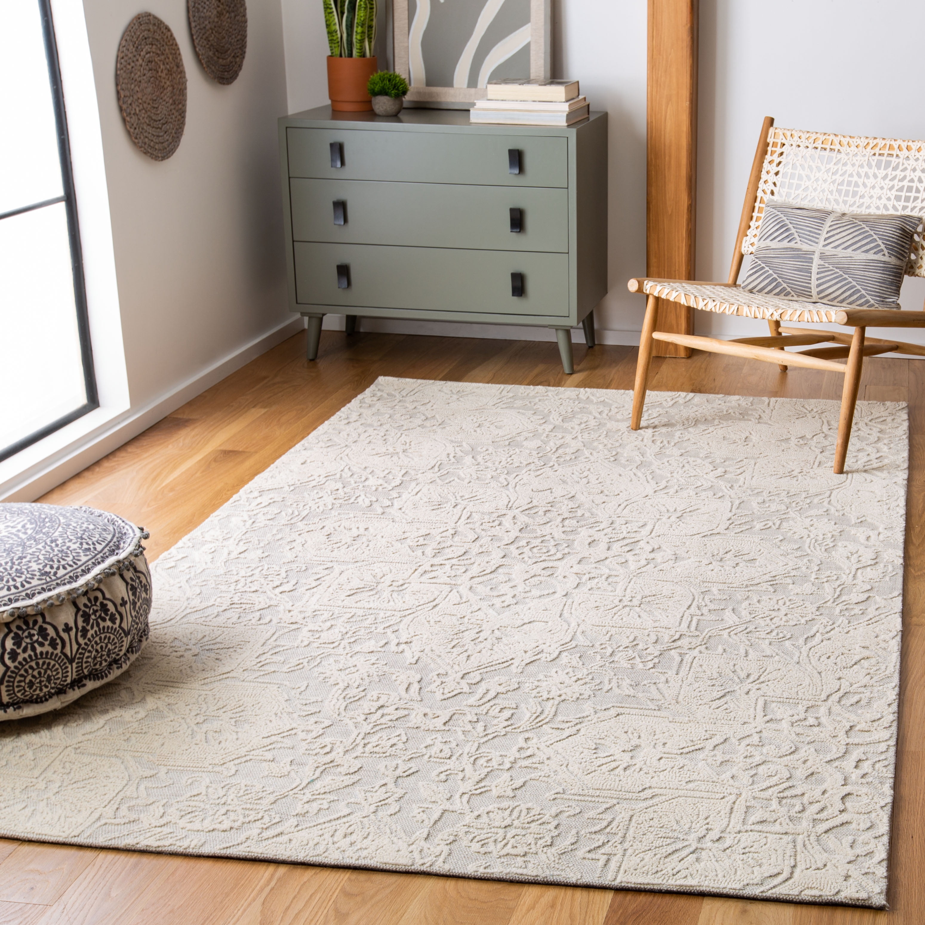 Handmade Ivory Beige Abstract Wool Tufted Rug 5' x 8'